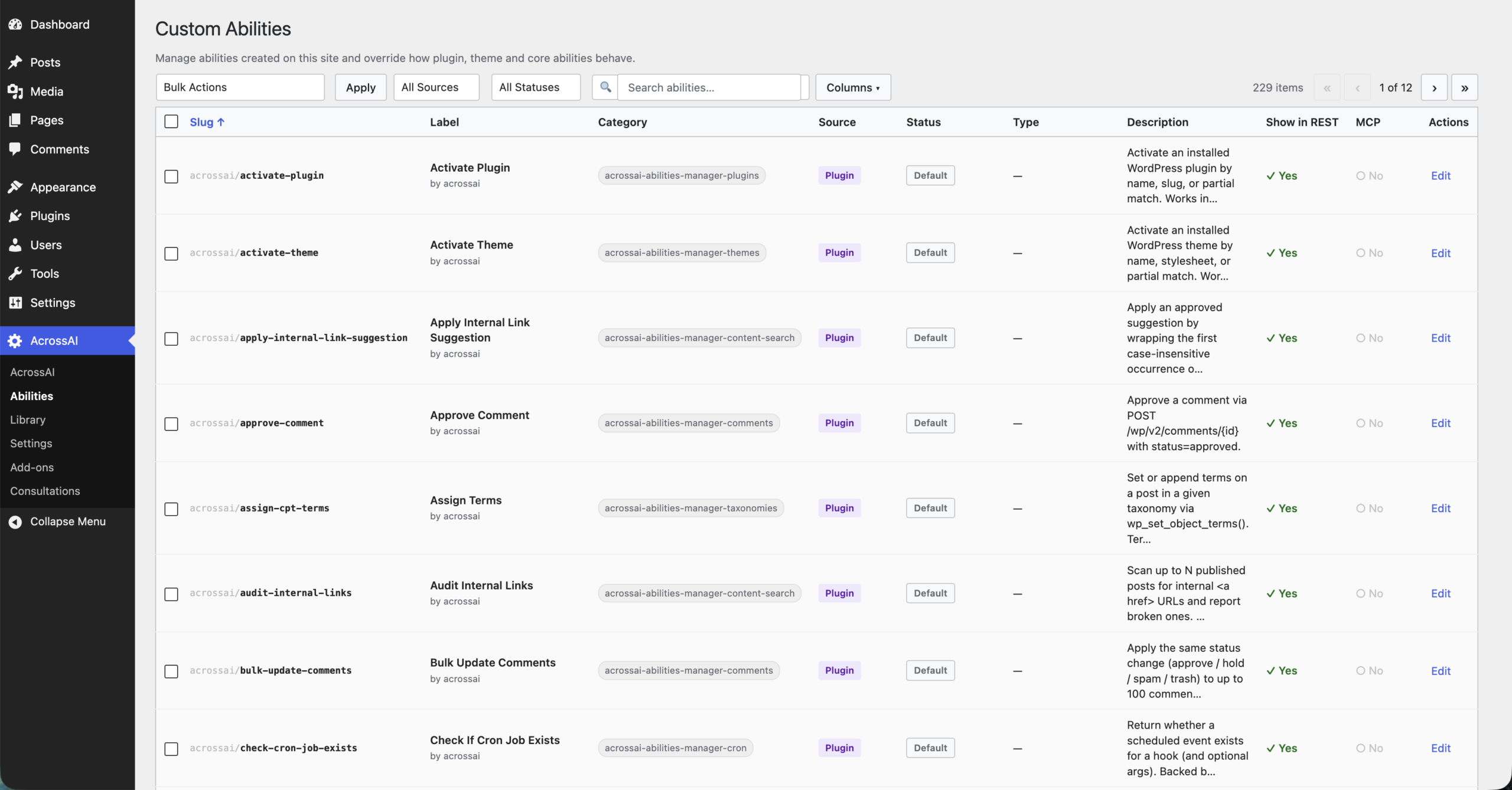 Screenshot 2026 07 29 at 16.13.40 scaled The Abilities table with search, filter and column controls