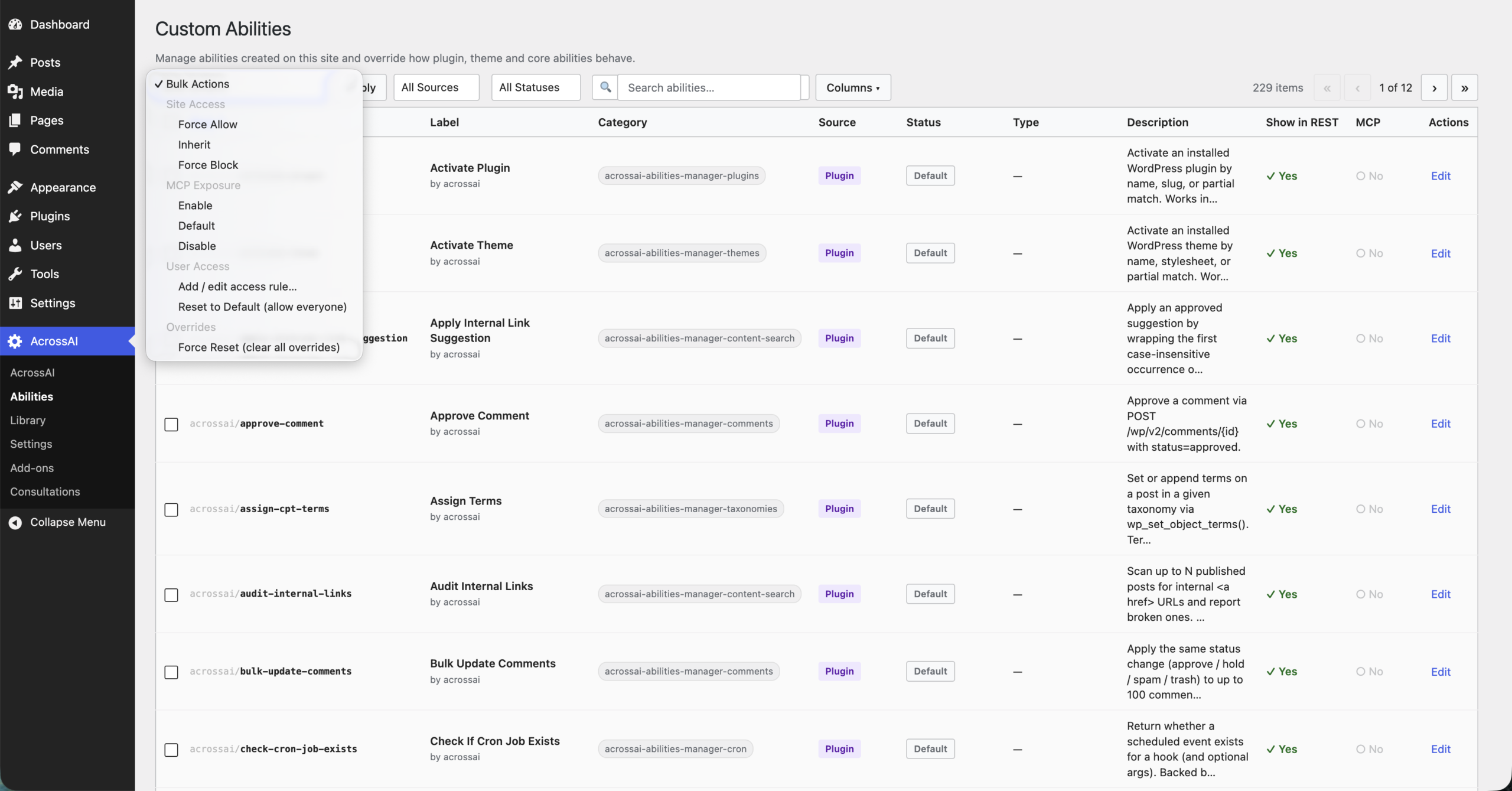 Screenshot 2026 07 29 at 16.14.17 scaled The Bulk Actions dropdown open, showing Site Access, MCP Exposure, User Access and Force Reset options