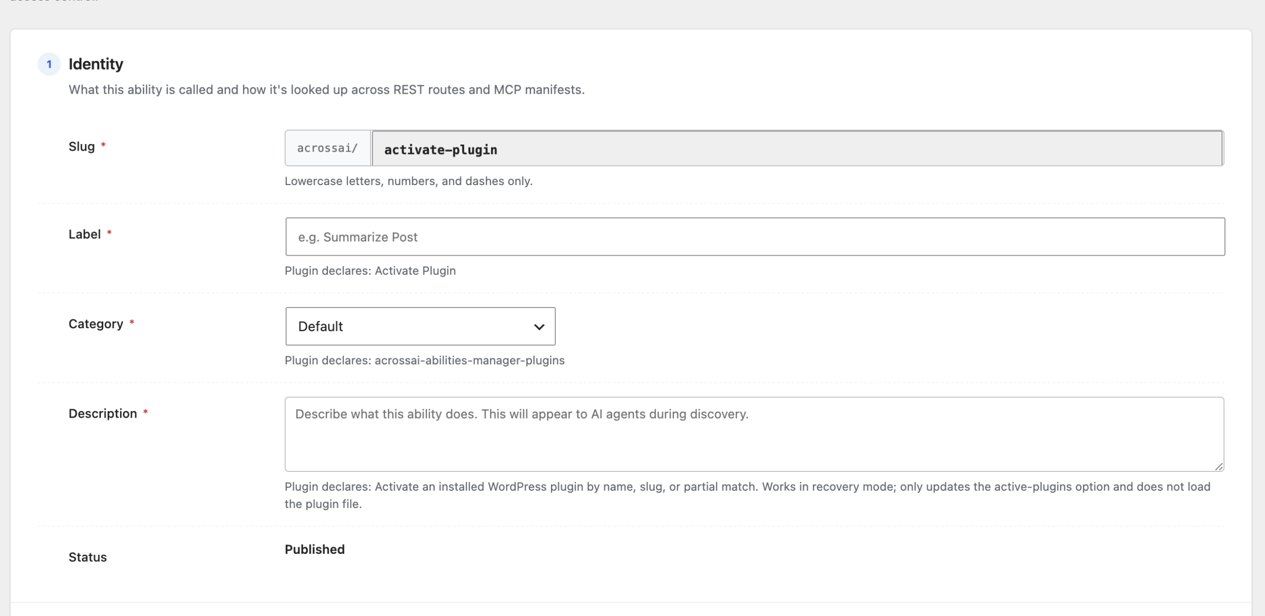 The Identity section: slug, label, category and description