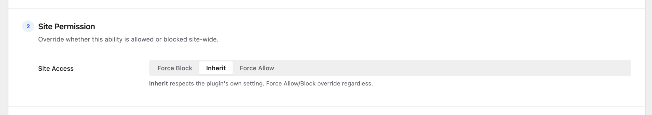 The Site Permission section: Force Block, Inherit and Force Allow