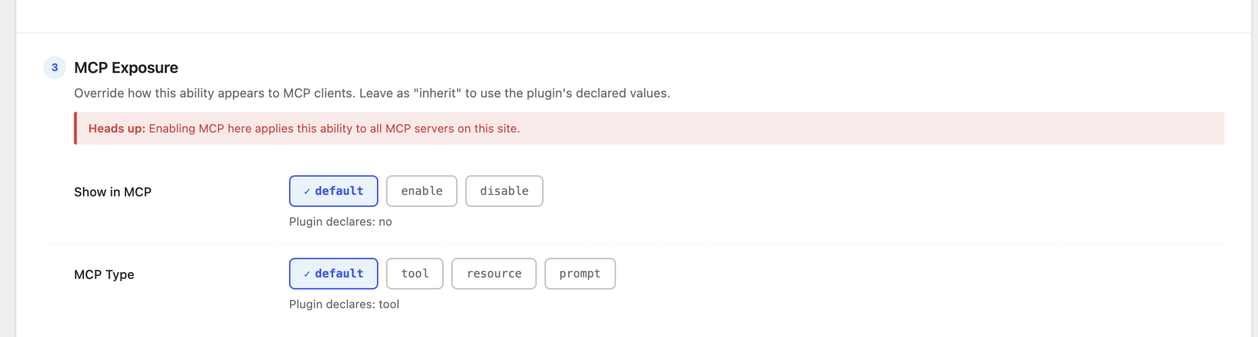 The MCP Exposure section: Show in MCP and MCP Type