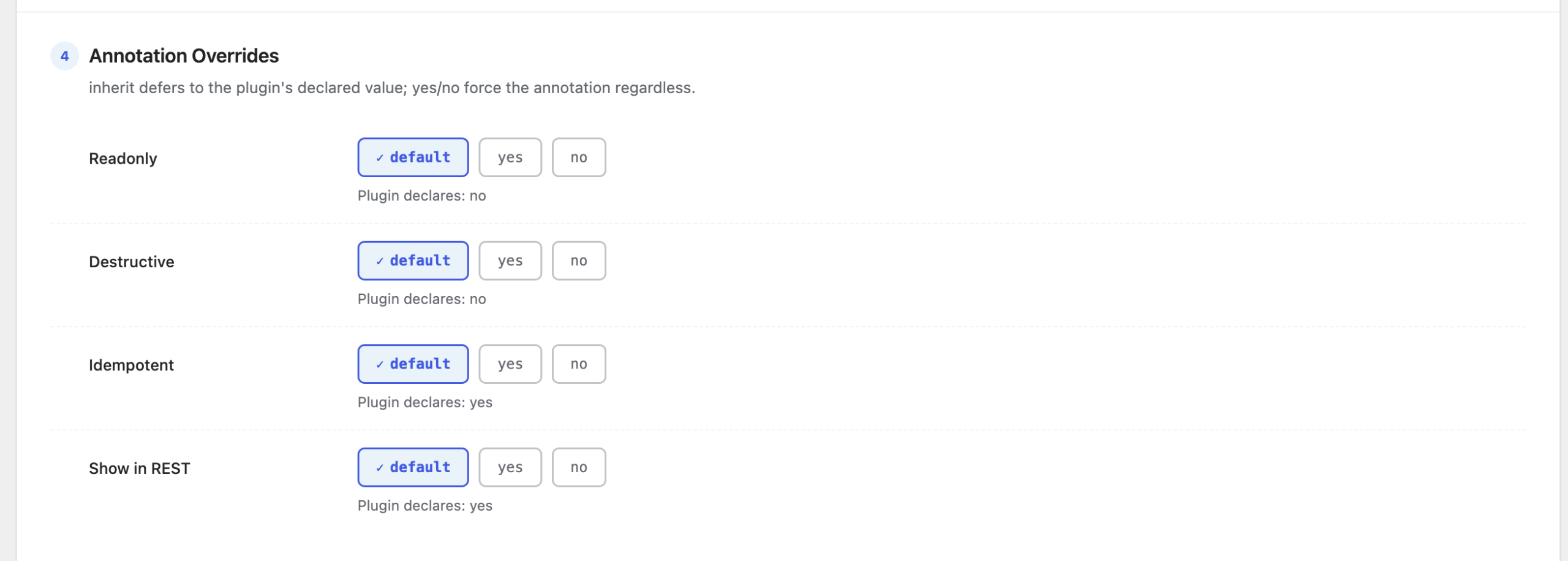 The Annotation Overrides: Readonly, Destructive, Idempotent and Show in REST toggles