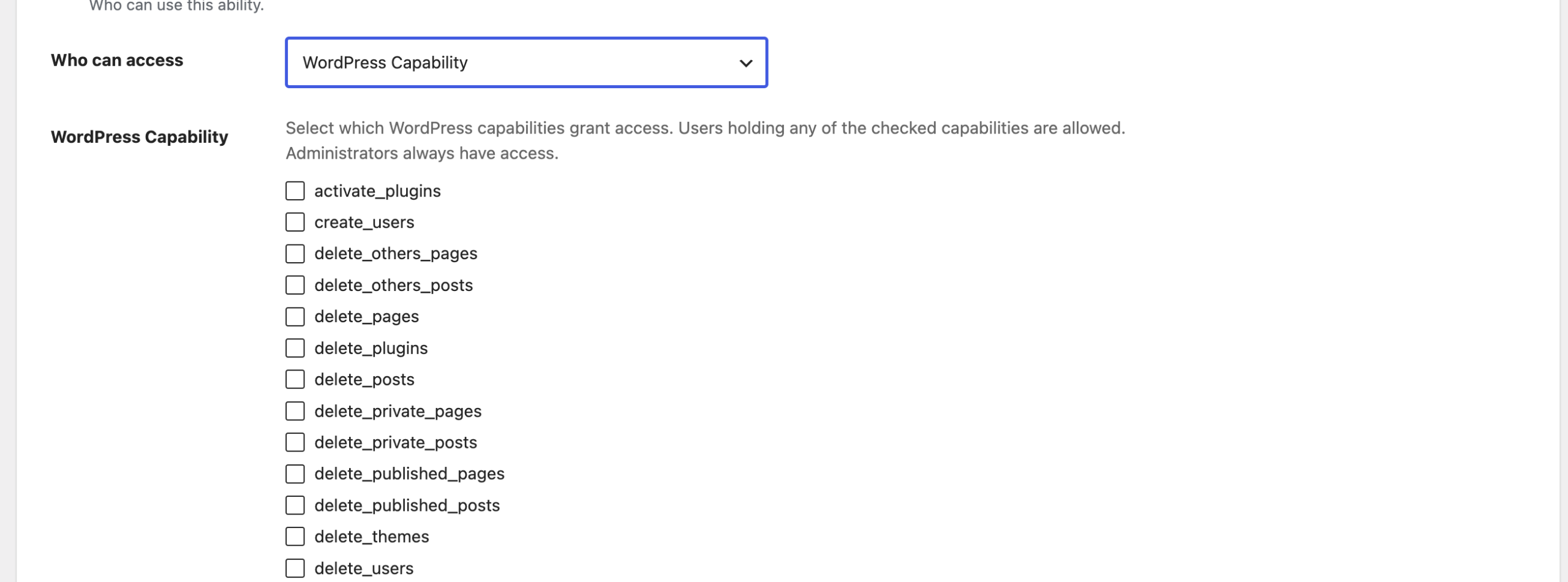 User Access set to WordPress Capability, listing the capabilities that grant access