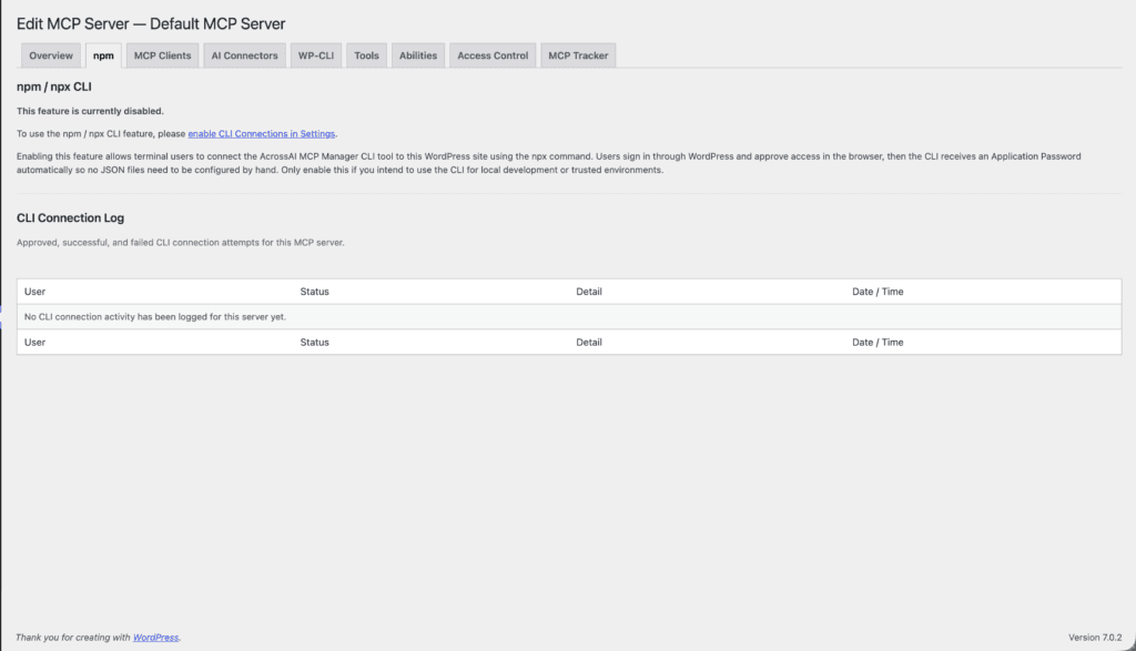 MCP Adapter vs MCP Manager: the MCP Manager Clients tab showing ready-to-paste MCP Adapter configuration in the WordPress admin