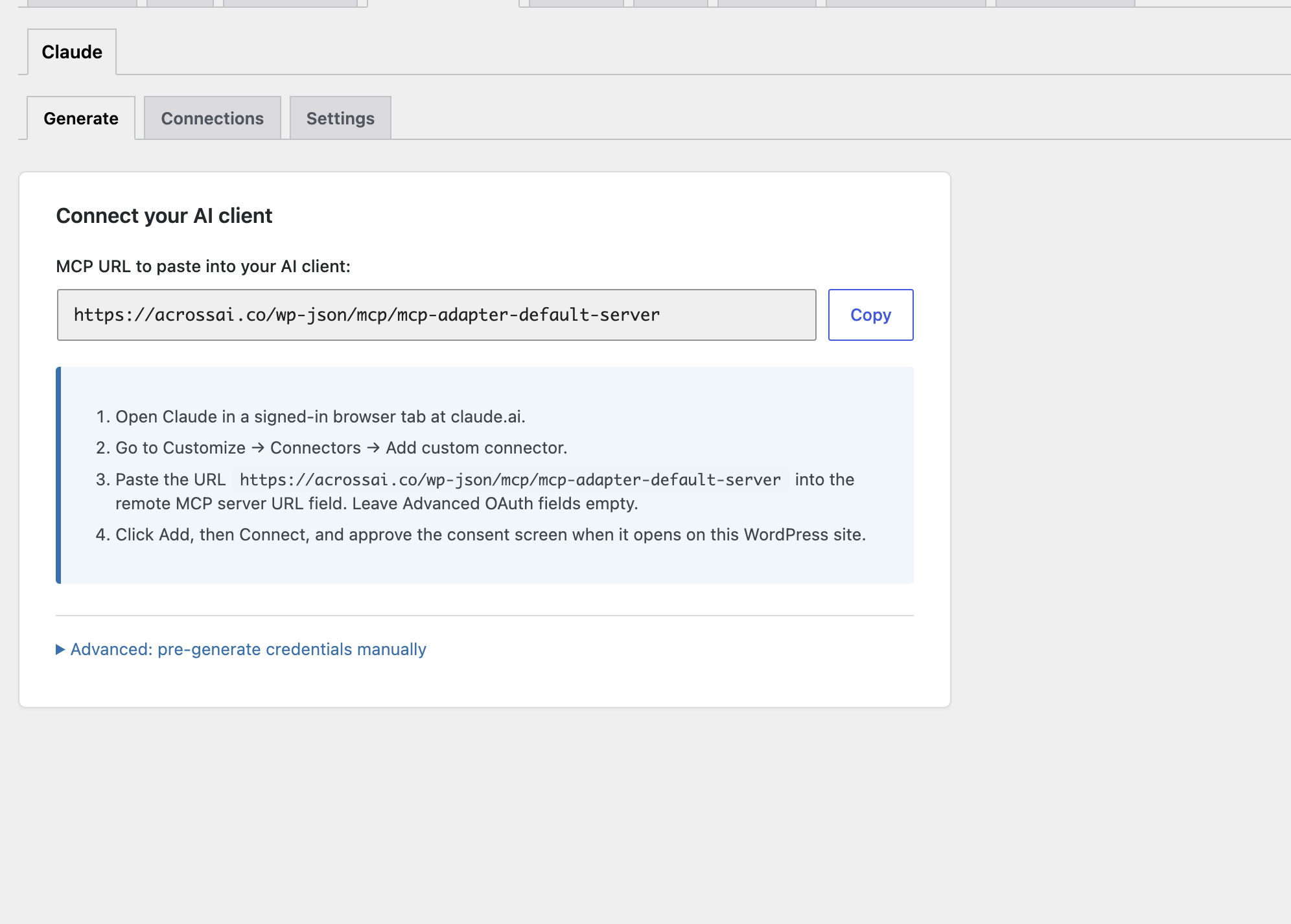 AI Connectors — copyable MCP URL and step-by-step connect instructions