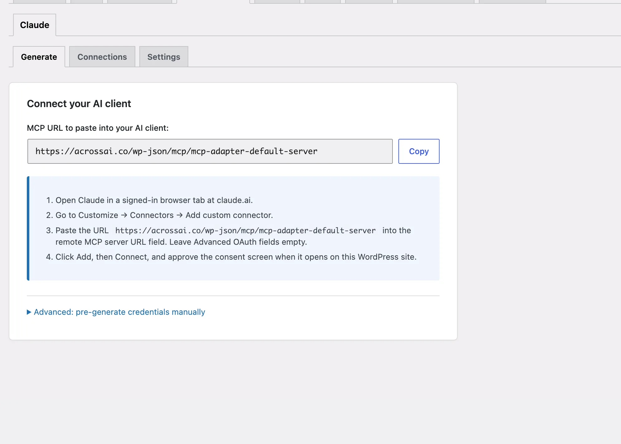 Adding the WordPress MCP URL to Claude as a custom connector