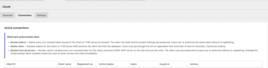 Active MCP connections table with Revoke tokens, Delete client and Revoke from all servers actions