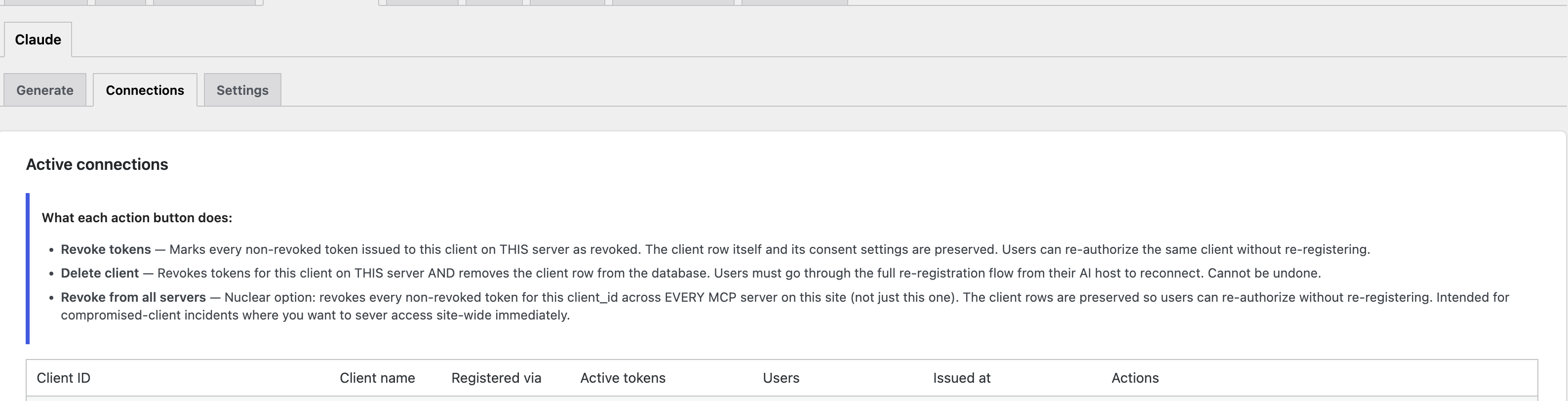 Active connections table with Revoke tokens, Delete client and Revoke from all servers