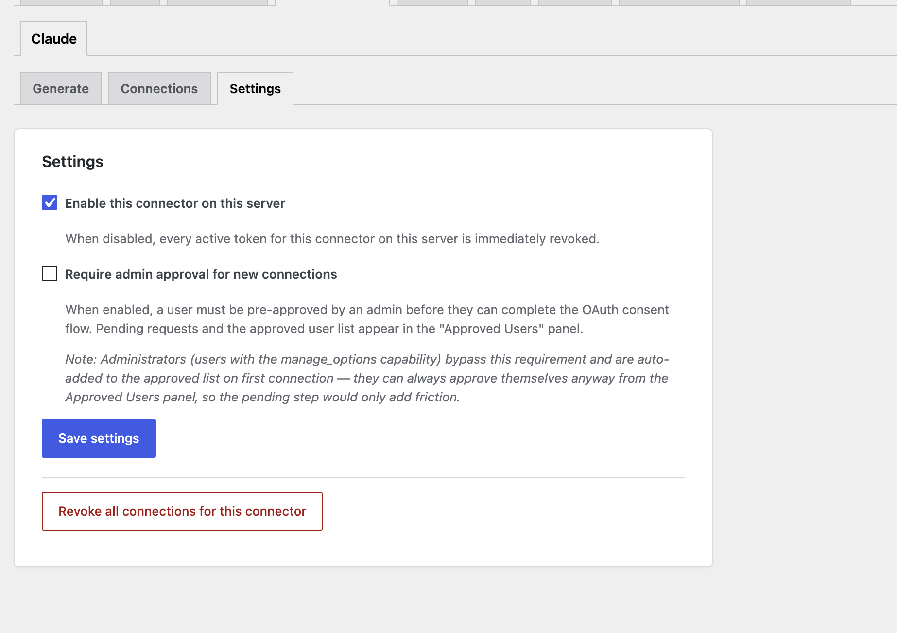 Settings panel with enable connector, require admin approval, and revoke all connections