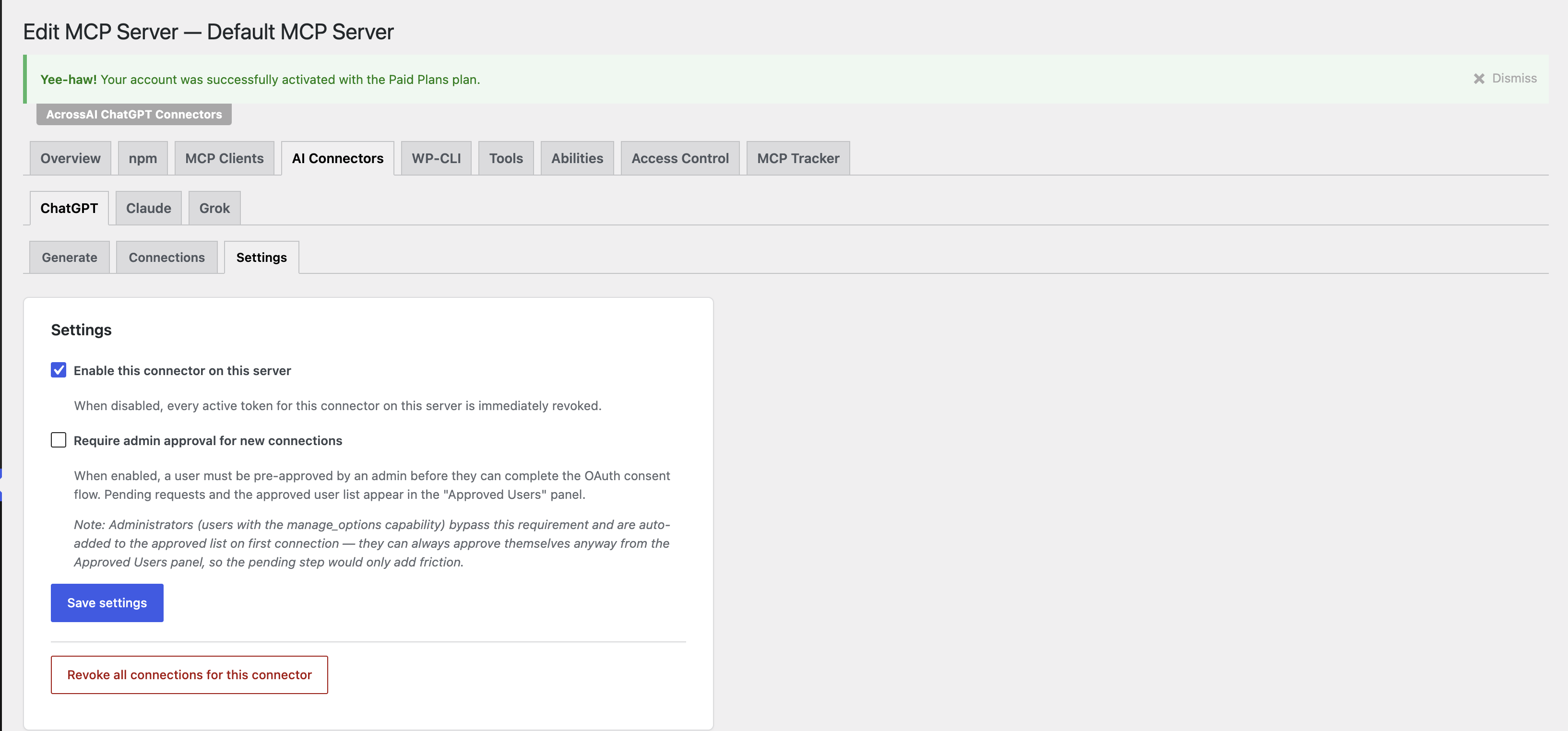 Settings panel with enable connector, require admin approval, and revoke all connections controls