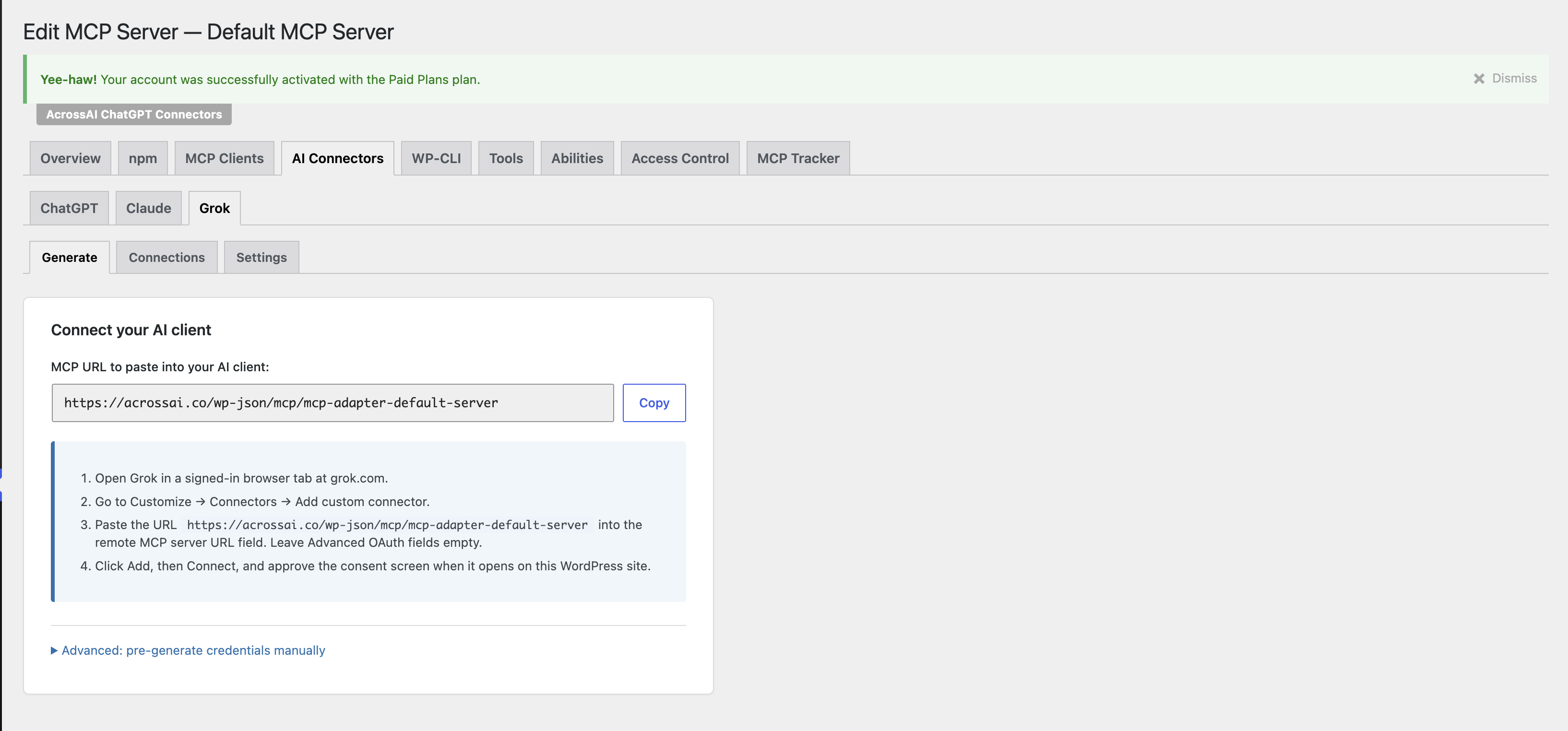 Grok Connectors — Connect your AI client screen with a copyable MCP URL and step-by-step instructions