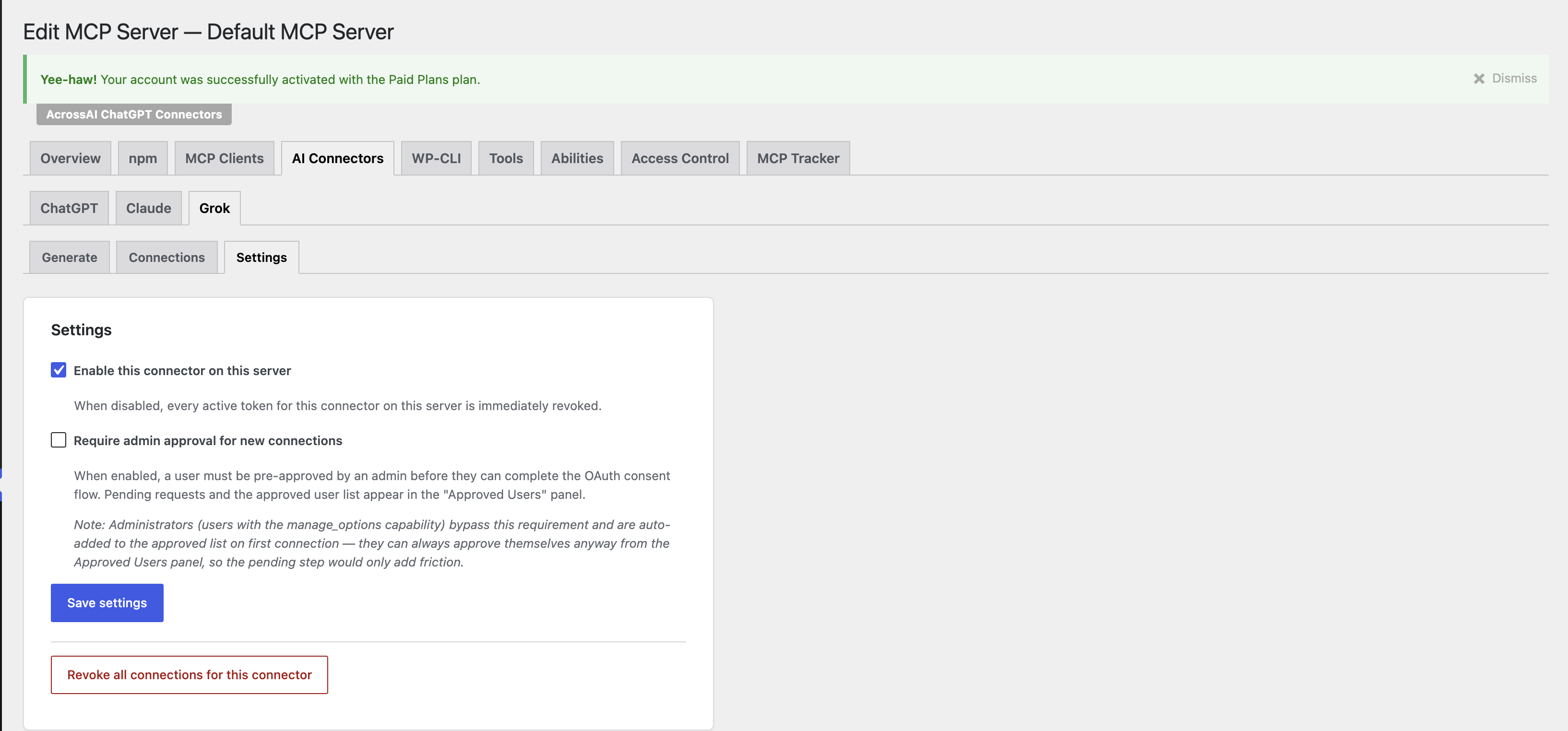 Settings panel with enable connector, require admin approval, and revoke all connections controls