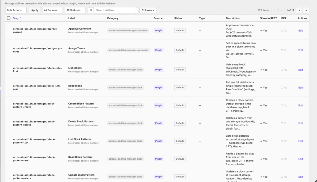 The AcrossAI Abilities Manager screen showing a searchable table of registered WordPress abilities with slug, label, category, source and status columns