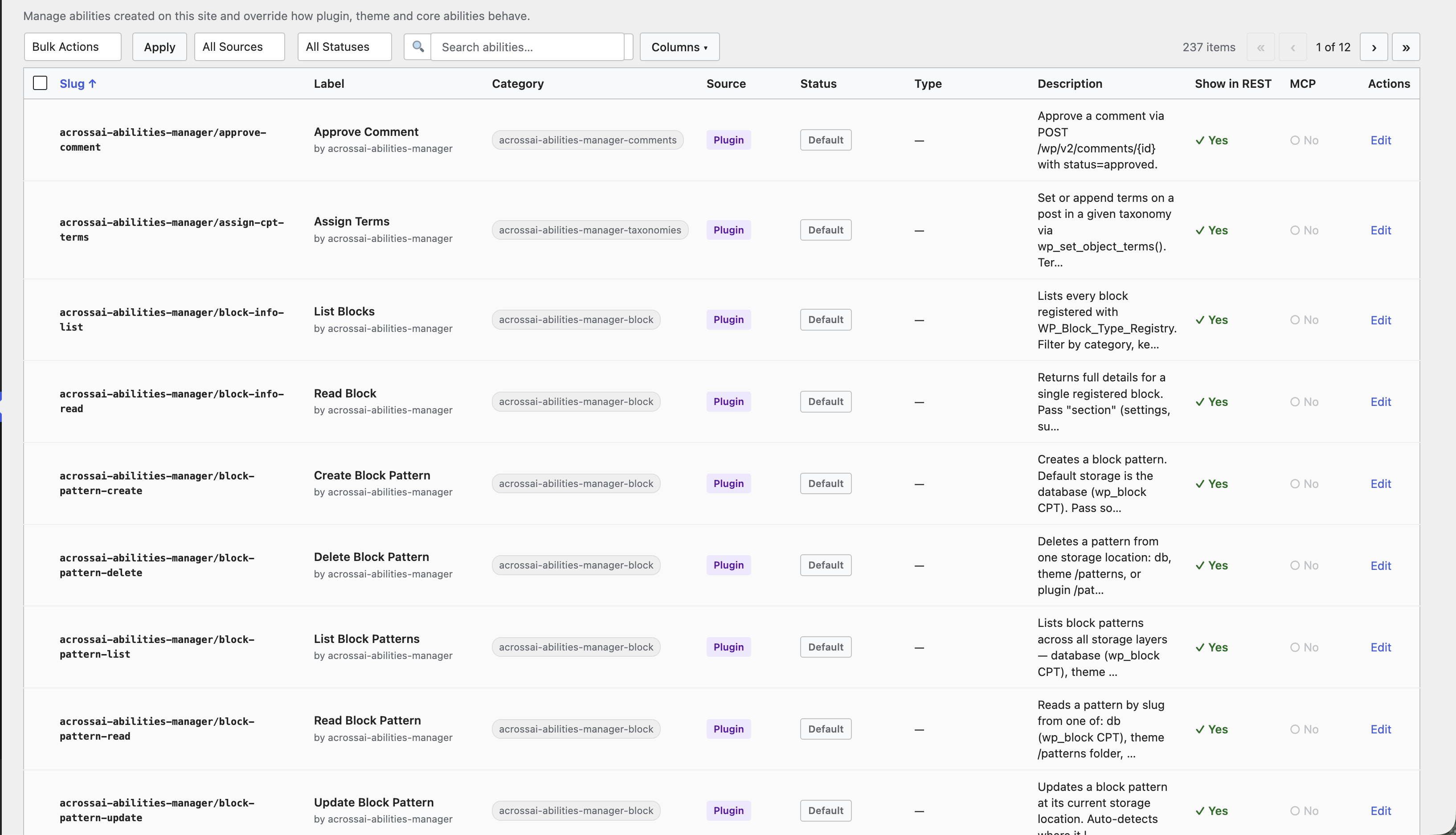screenshot 1 The Abilities screen listing registered abilities