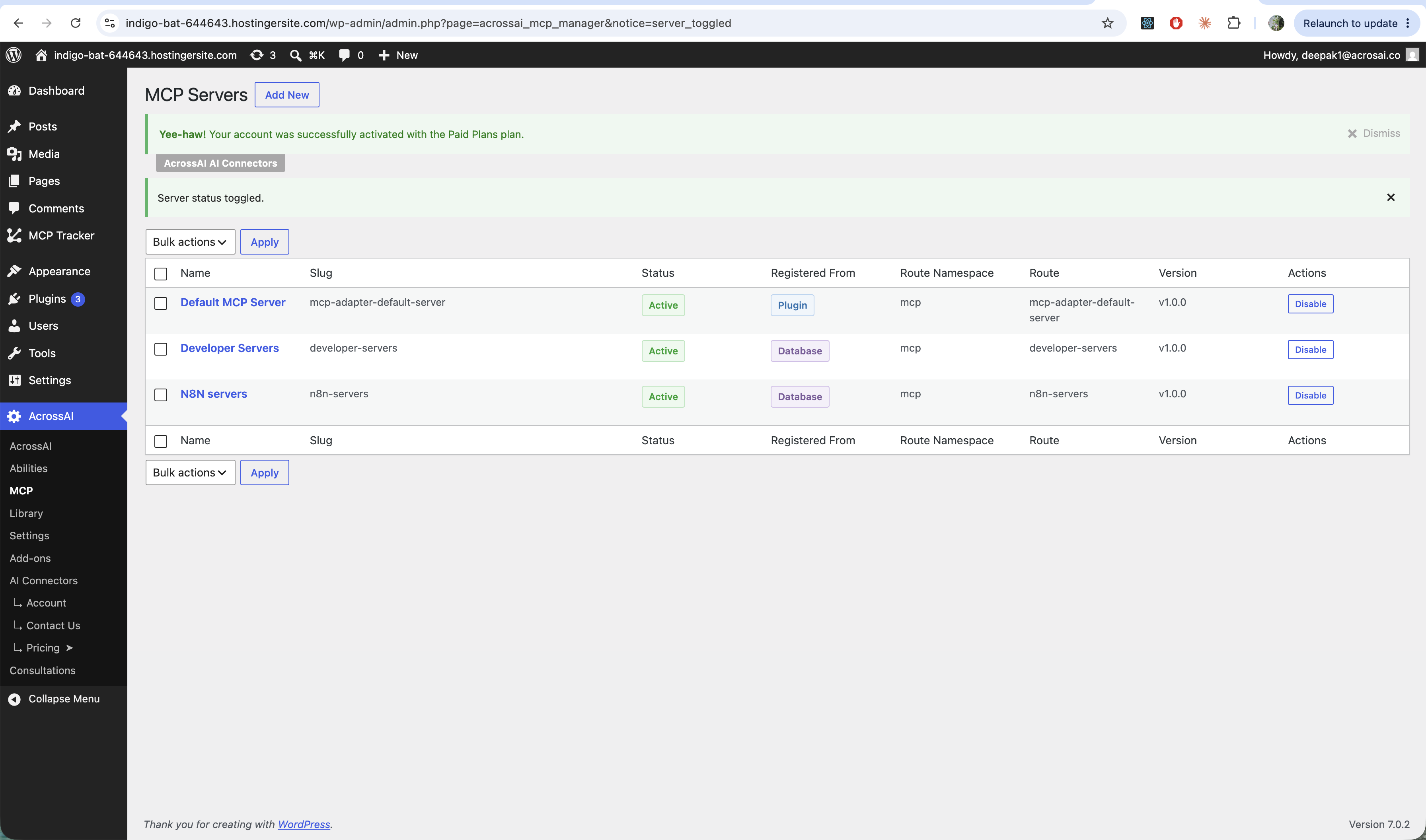 The MCP Servers list with Name, Status, Registered From, Route and Actions columns