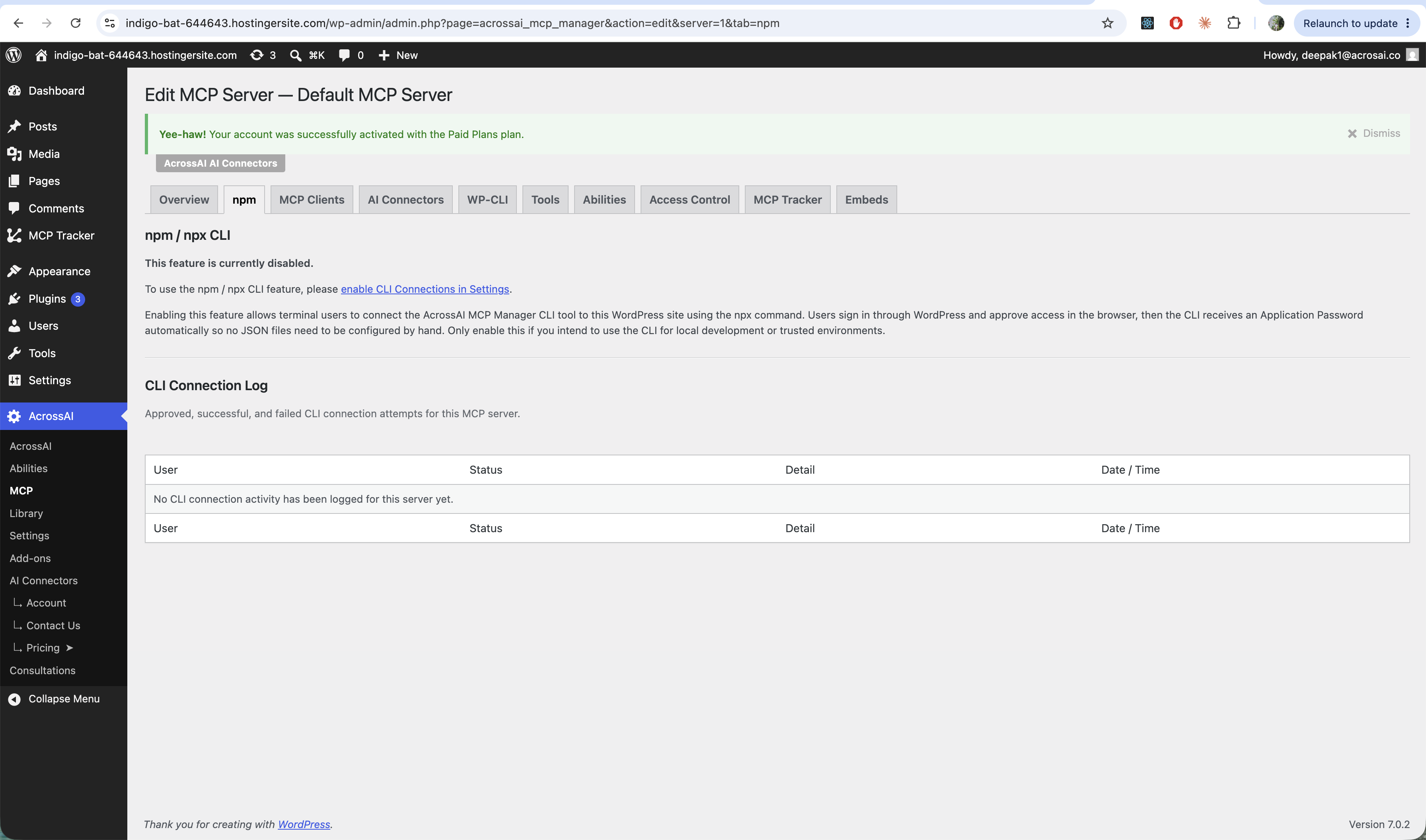 The npm tab showing the CLI feature is currently disabled