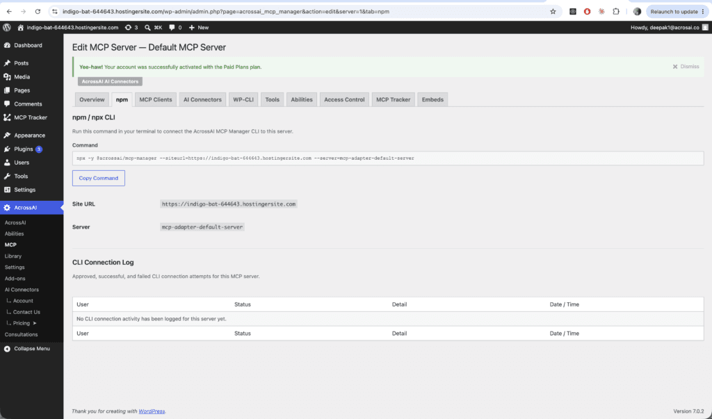 The npm tab in MCP Manager with the npx command, Copy Command button and CLI connection log
