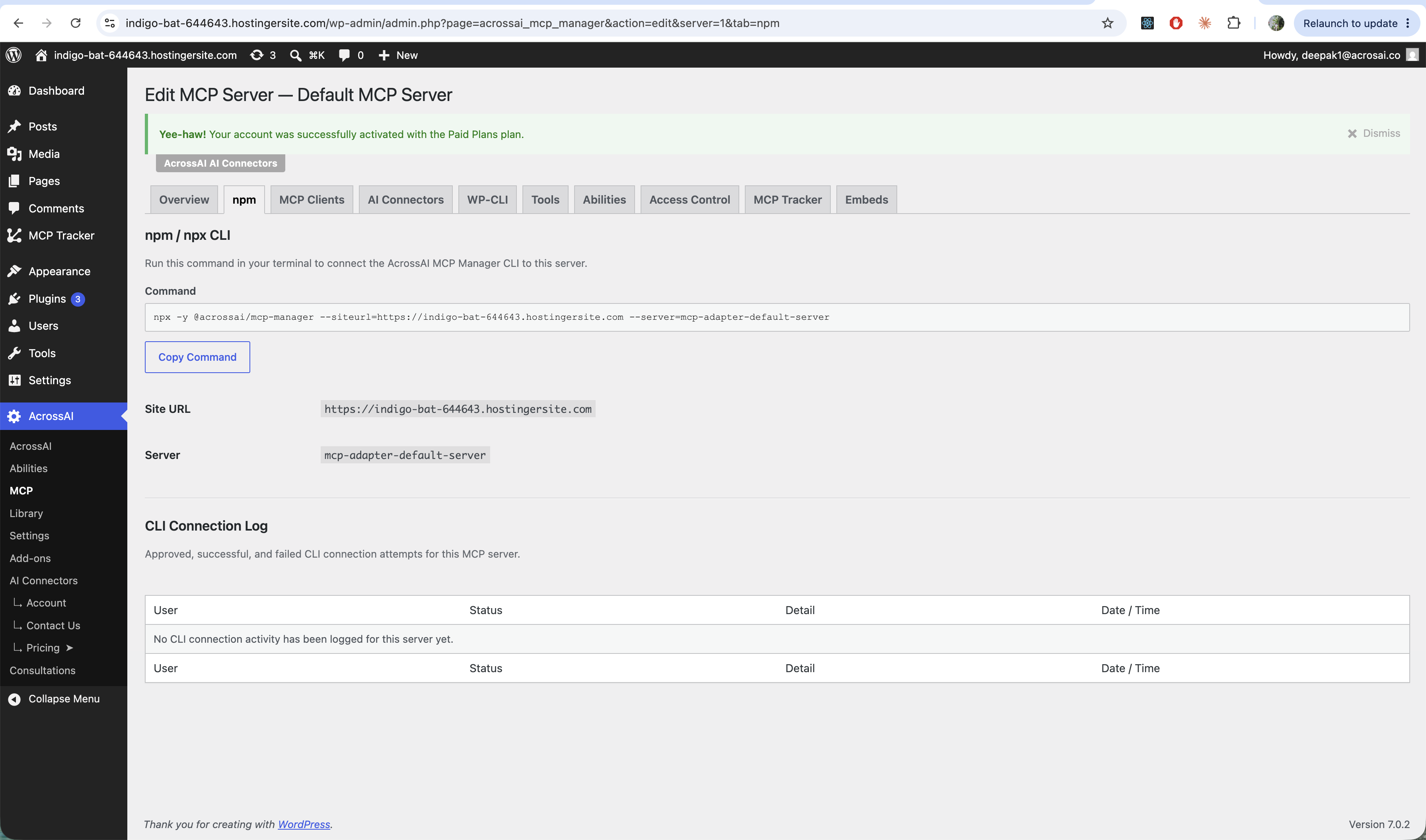 The npm tab with the npx command, Copy Command button and CLI connection log