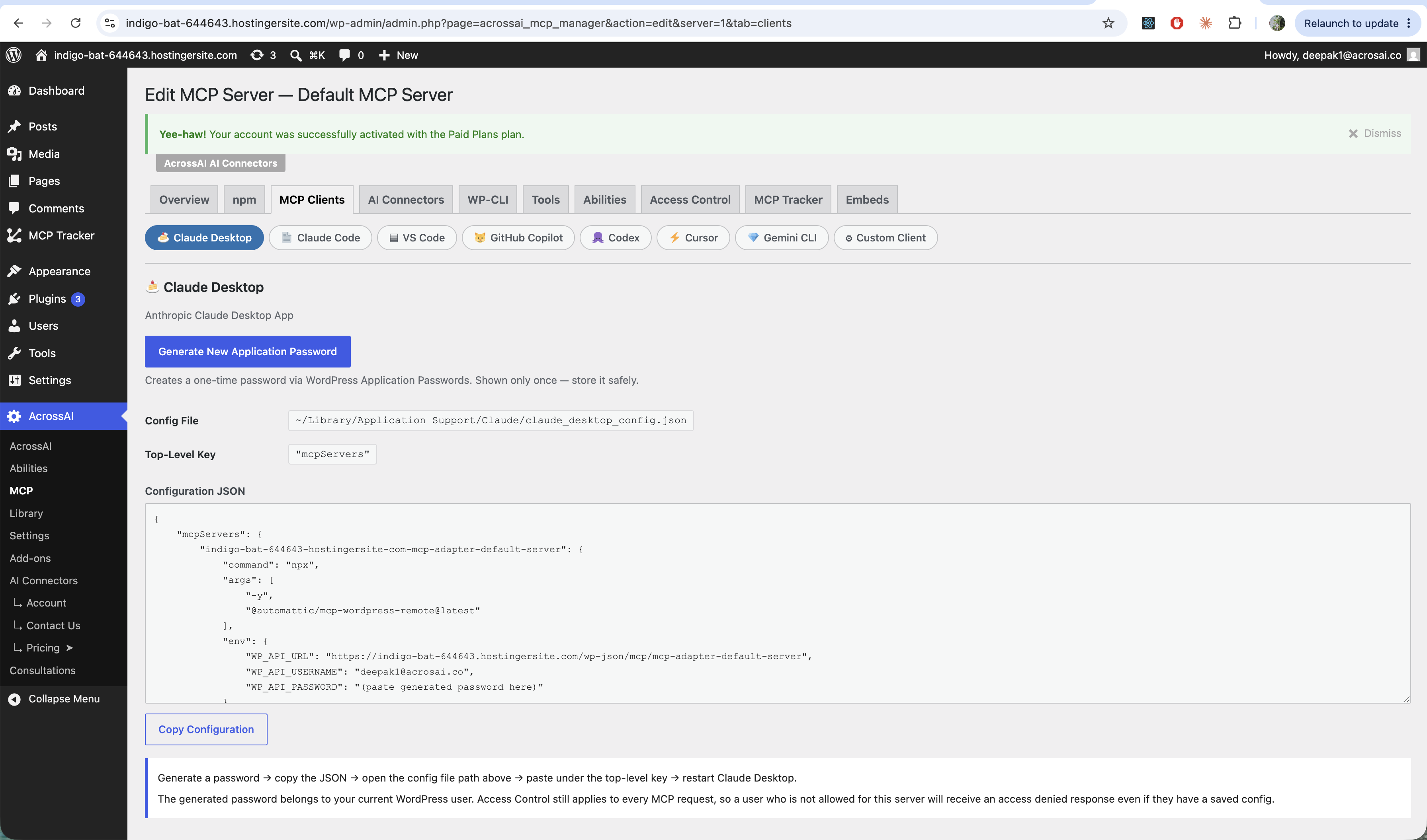 The MCP Clients tab with Claude Desktop selected, showing the config file, top-level key and JSON
