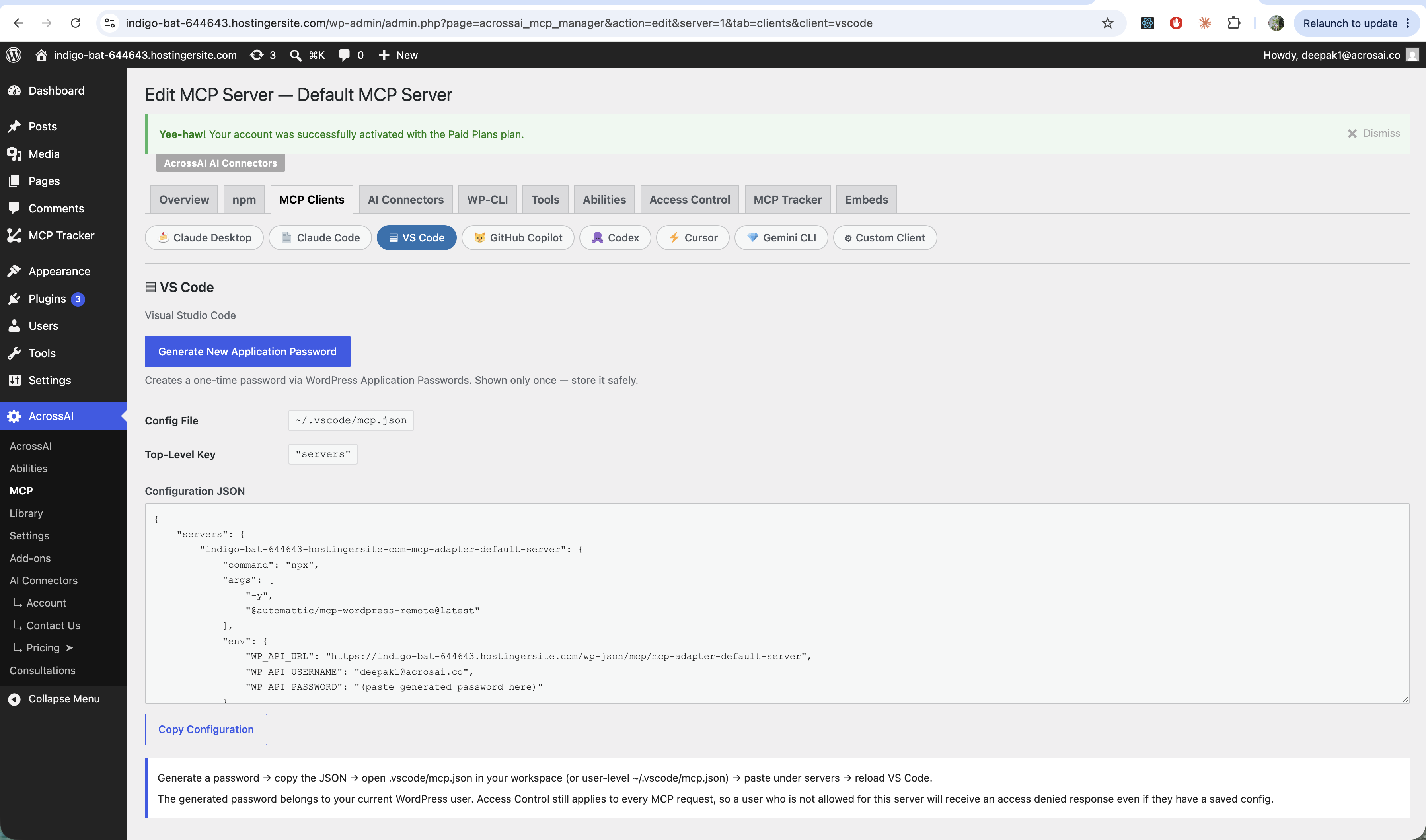 The MCP Clients tab with VS Code selected, showing its JSON configuration