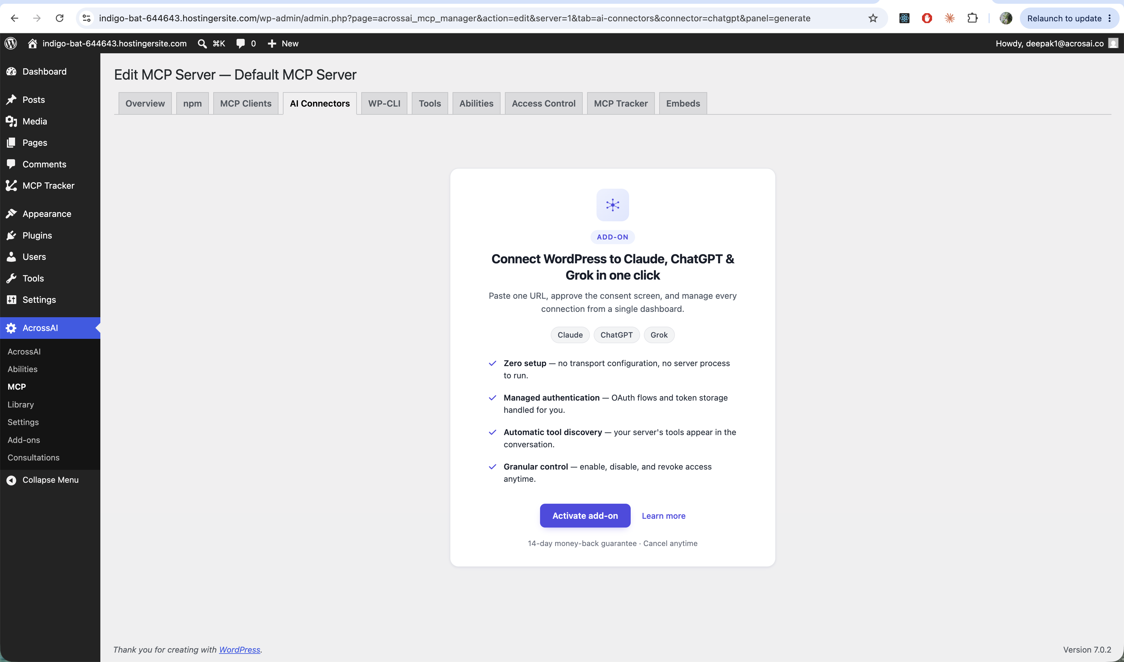 The AI Connectors tab describing the one-click add-on for Claude, ChatGPT and Grok