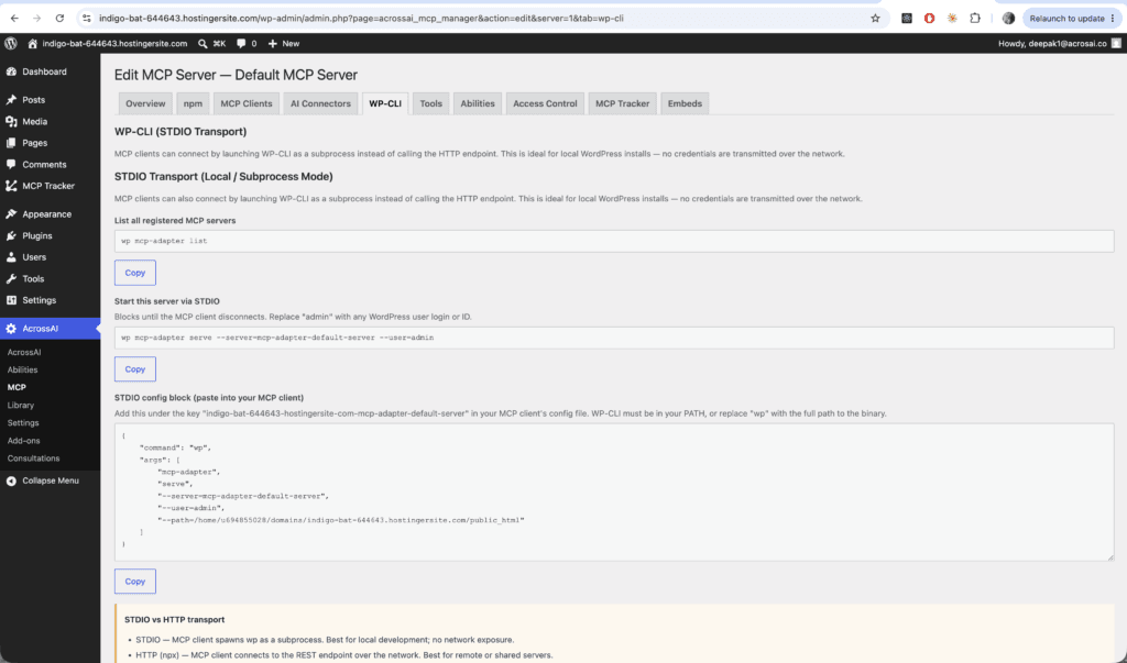 The WP-CLI tab in MCP Manager showing STDIO transport commands and a copy-paste config block