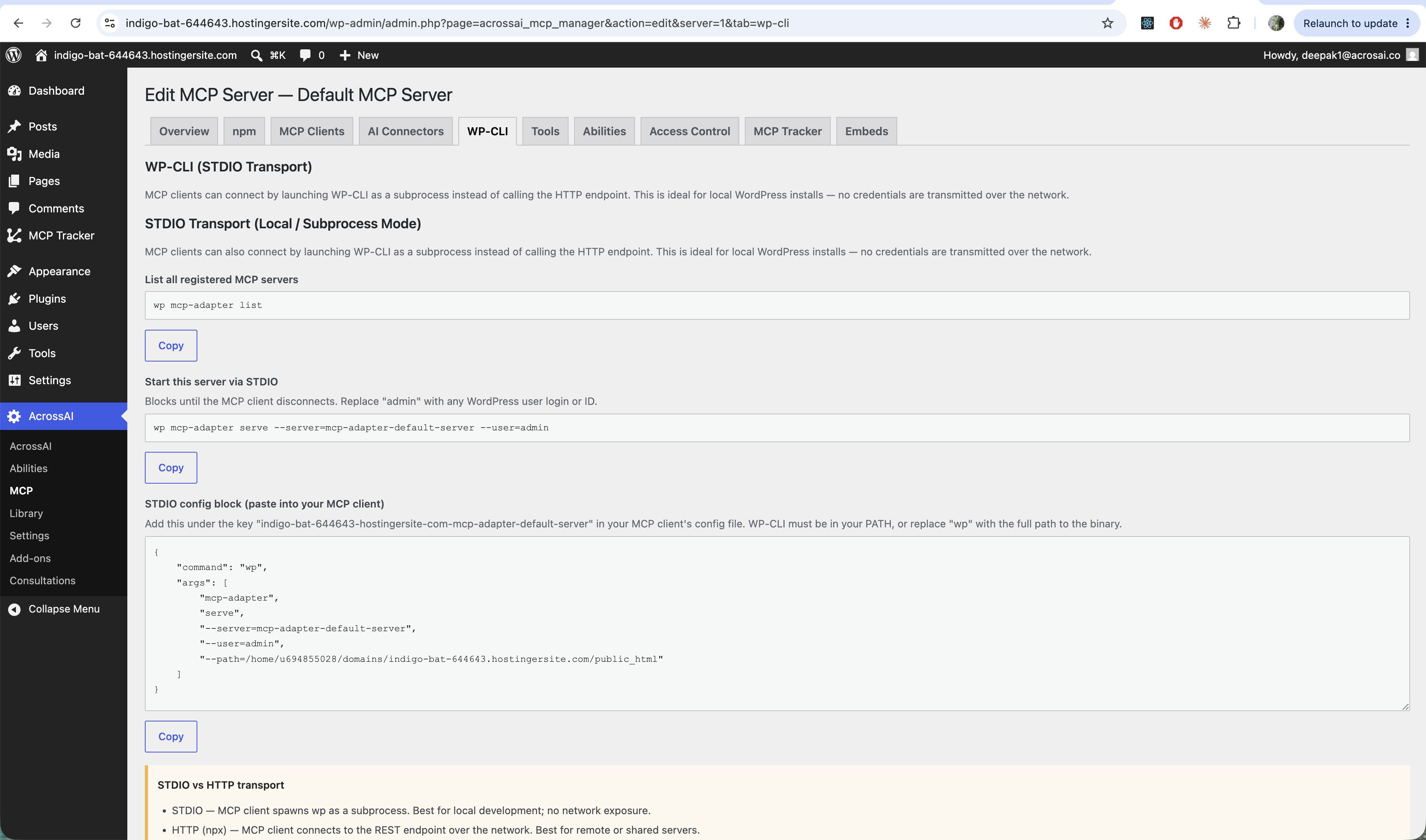 The WP-CLI tab showing STDIO transport commands and a config block