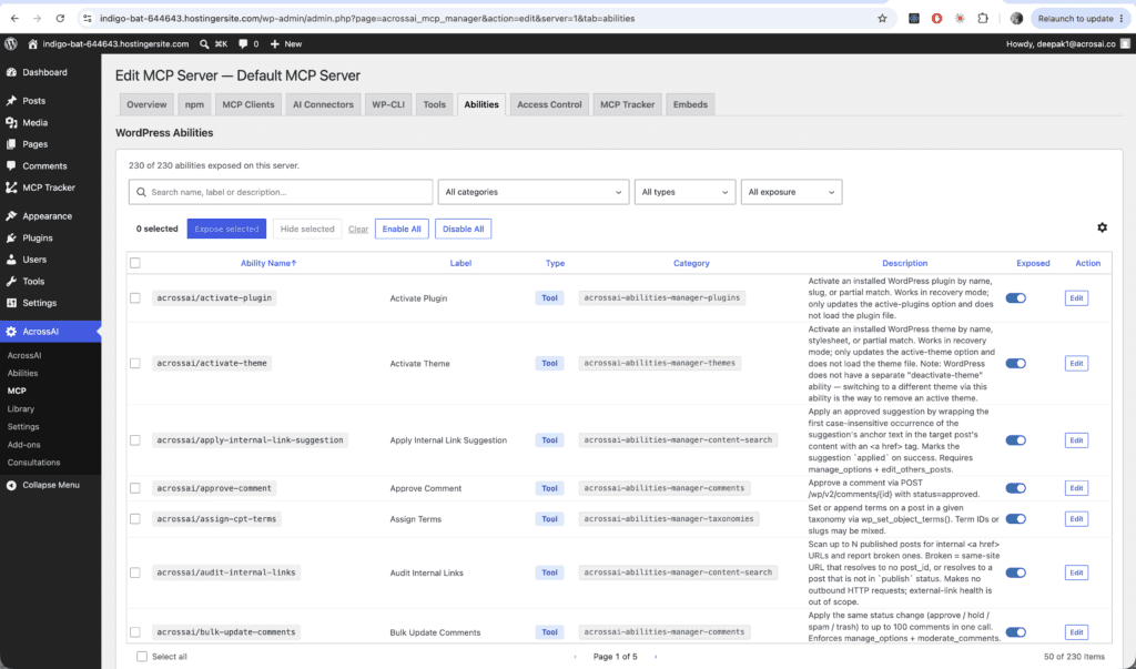 The Abilities tab in MCP Manager listing WordPress abilities with an Exposed toggle per row
