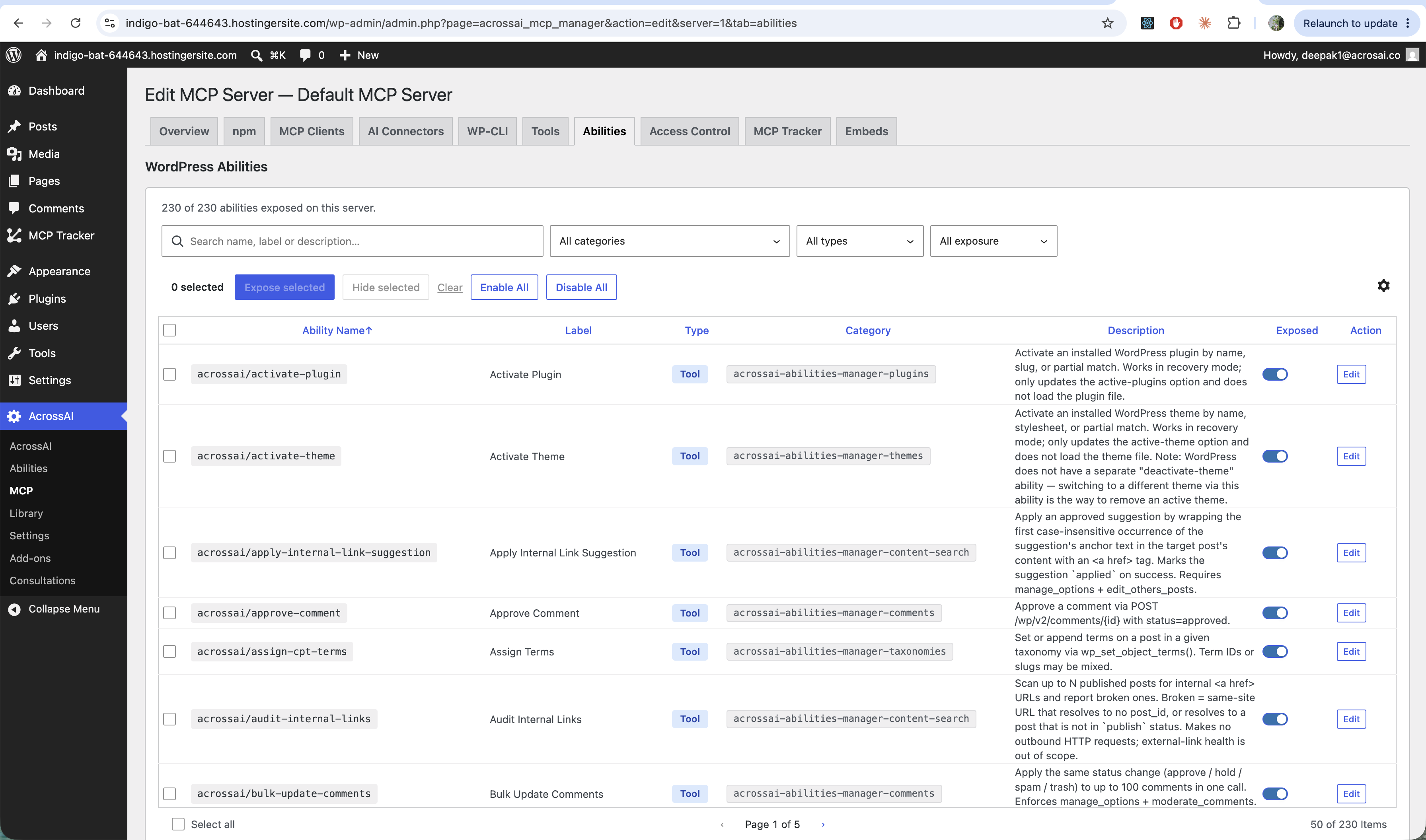 The Abilities tab listing WordPress abilities with an Exposed toggle per row