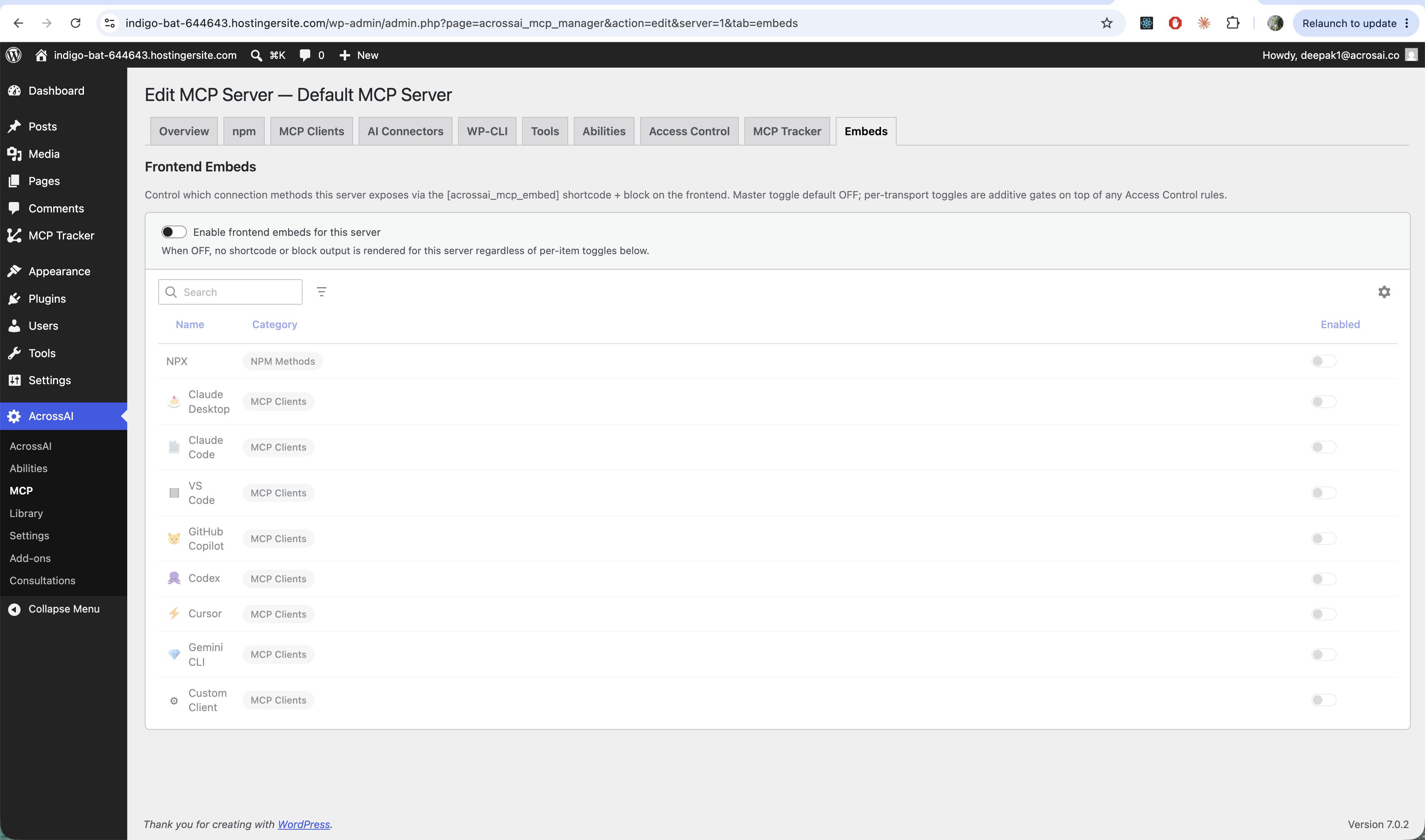 The Embeds tab with the master toggle off and a list of connection methods