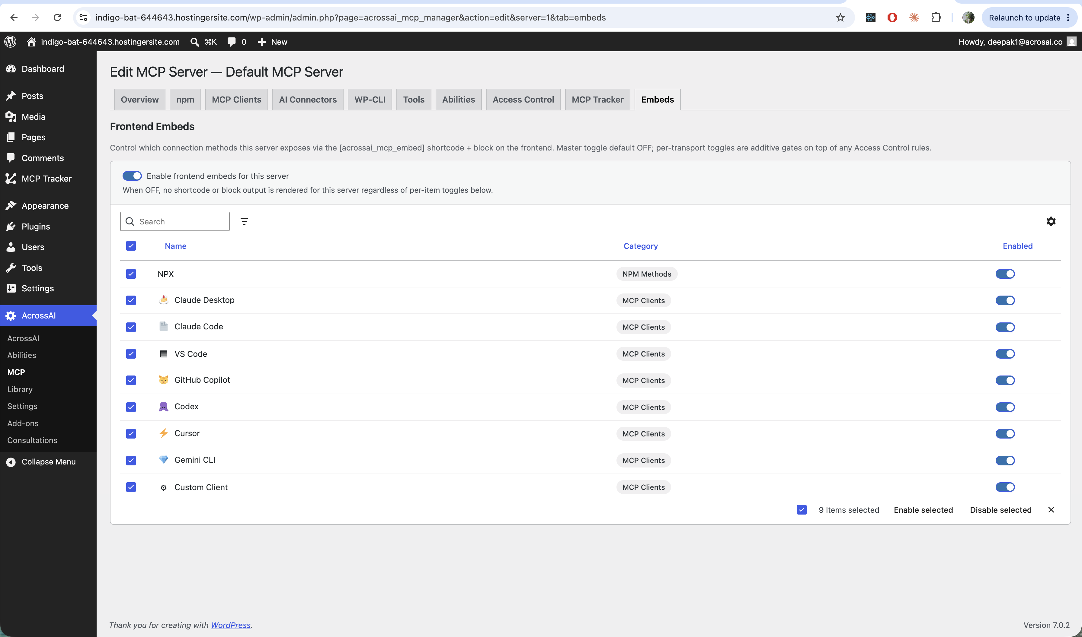 The Embeds tab with the master toggle on and every connection method enabled