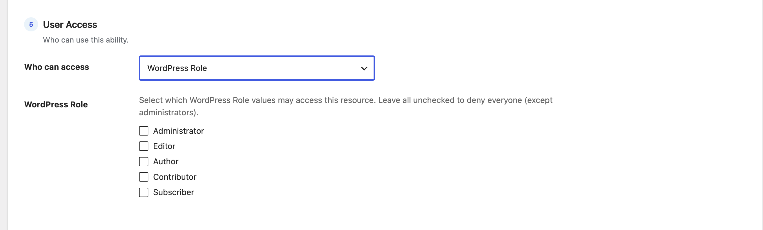 Screenshot 2026 08 03 at 13.38.48 The WordPress Role option with checkboxes for Administrator, Editor, Author, Contributor and Subscriber
