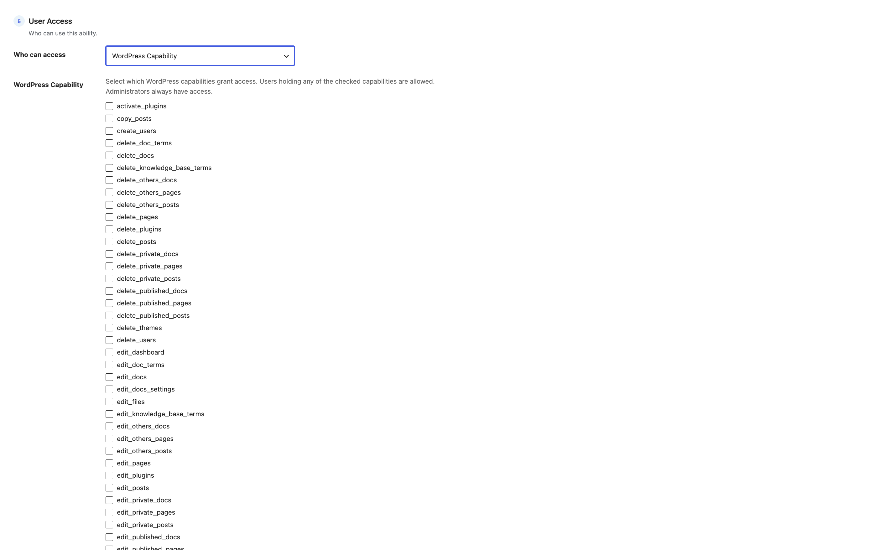 Screenshot 2026 08 03 at 13.40.30 The WordPress Capability option with a long checklist of capability slugs
