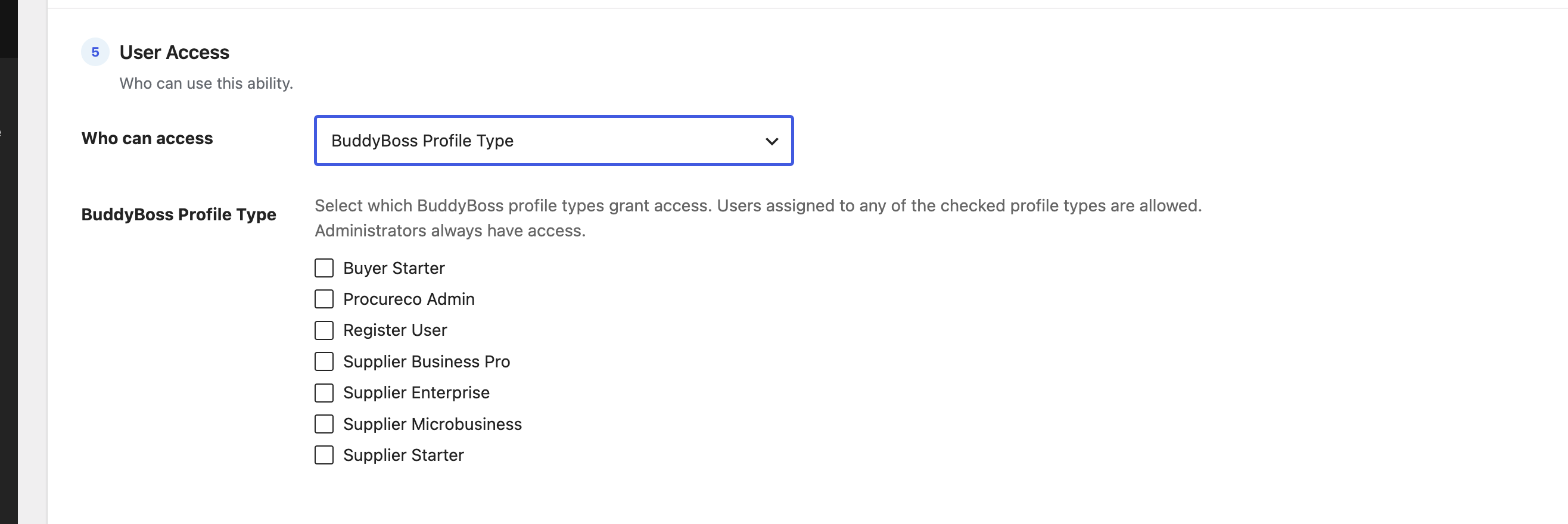 The BuddyBoss Profile Type option with checkboxes for each profile type