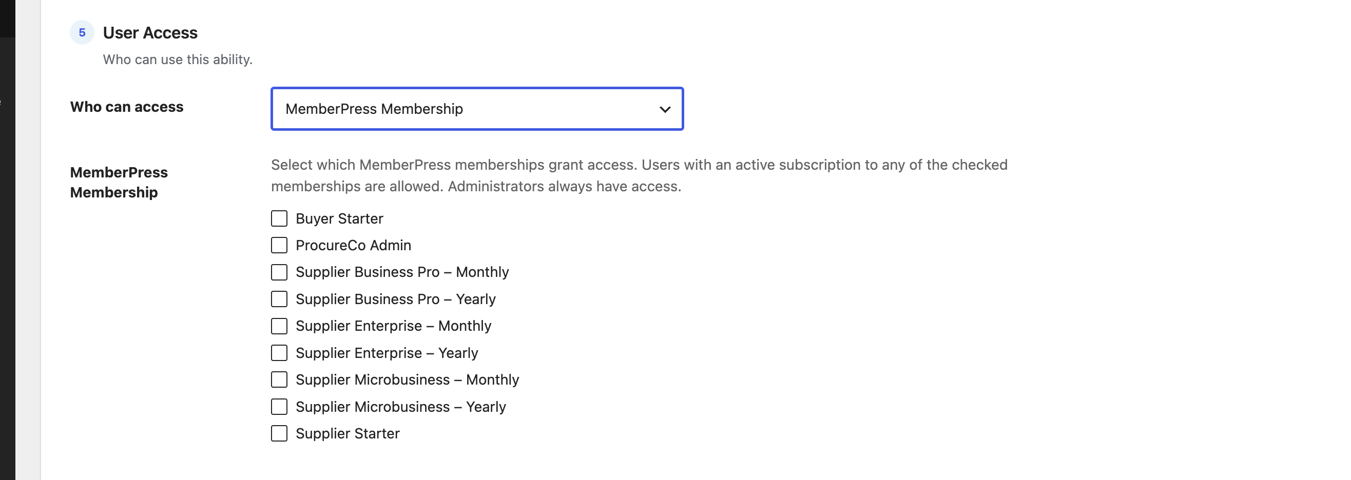 The MemberPress Membership option with checkboxes for each membership plan