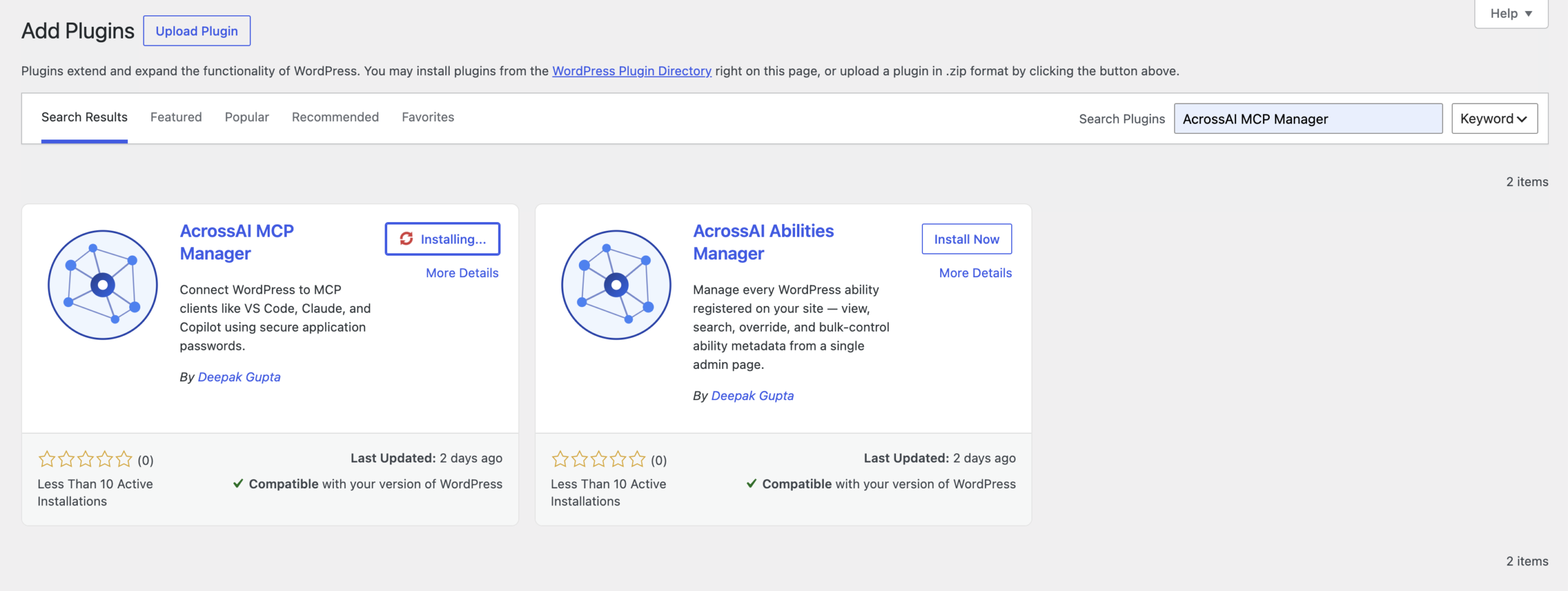 Installing AcrossAI MCP Manager from Plugins → Add New Plugin in the WordPress dashboard