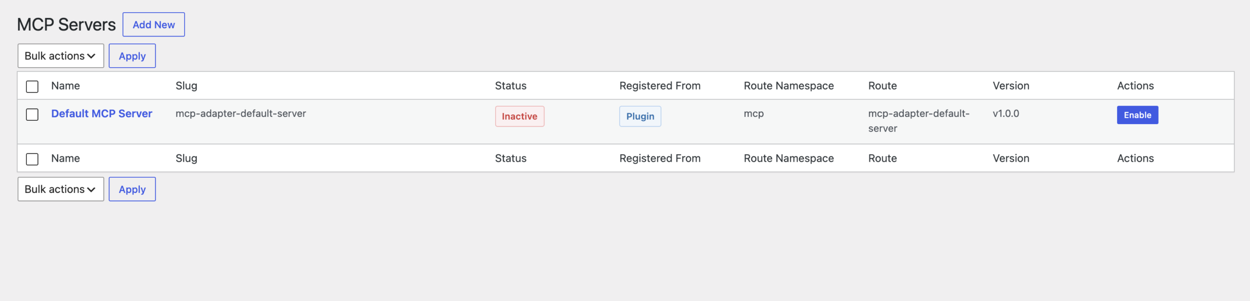The MCP Servers list in the WordPress admin, showing the default MCP server that ships with the Adapter