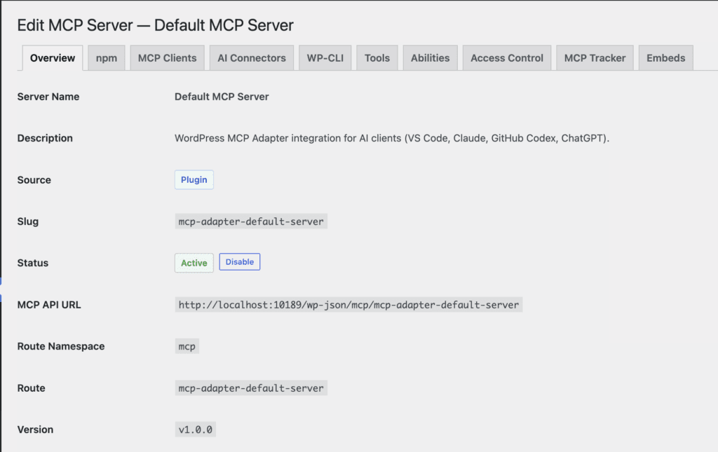 The row of tabs on the MCP server edit screen: Overview, npm, MCP Clients, AI Connectors, WP-CLI, Tools, Abilities, Access Control, Log and Embeds
