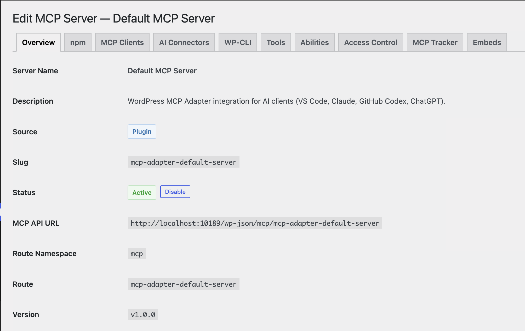 The row of tabs on the server edit screen: Overview, npm, MCP Clients, AI Connectors, WP-CLI, Tools, Abilities, Access Control, Log and Embeds
