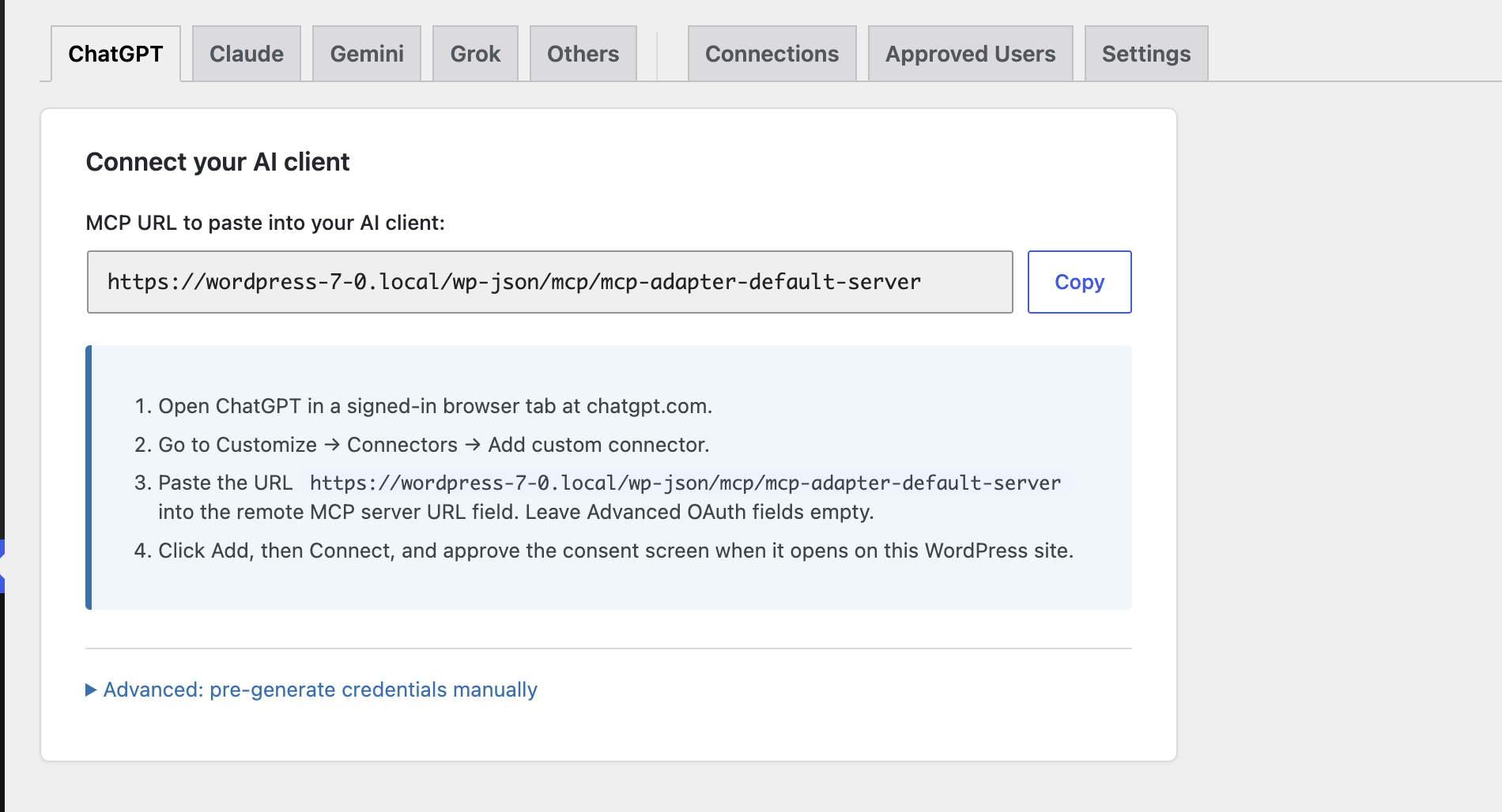The AI Connectors tab on the MCP server edit screen in the WordPress admin