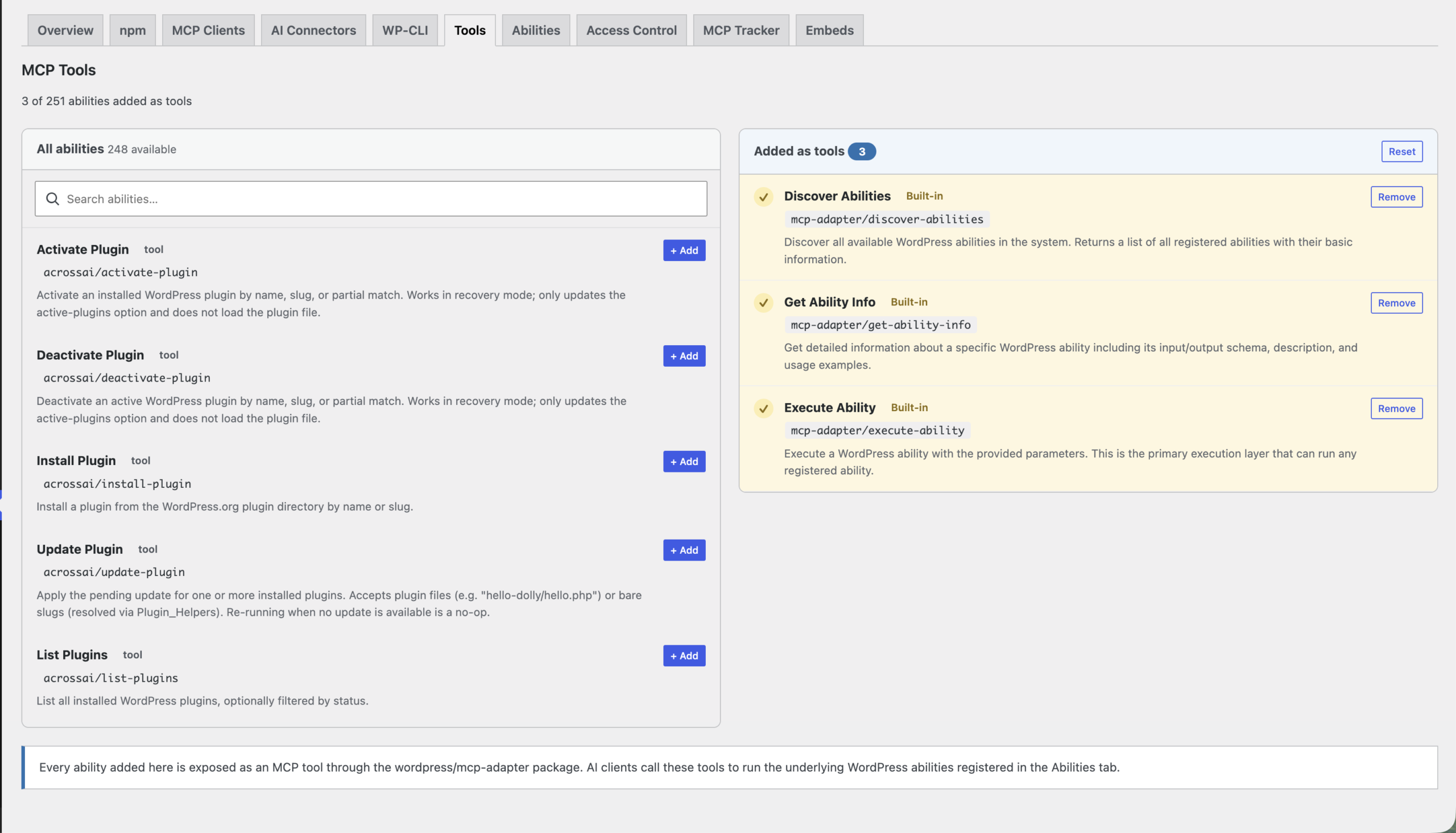 The Tools tab two-column picker: available abilities on the left, abilities added as tools on the right
