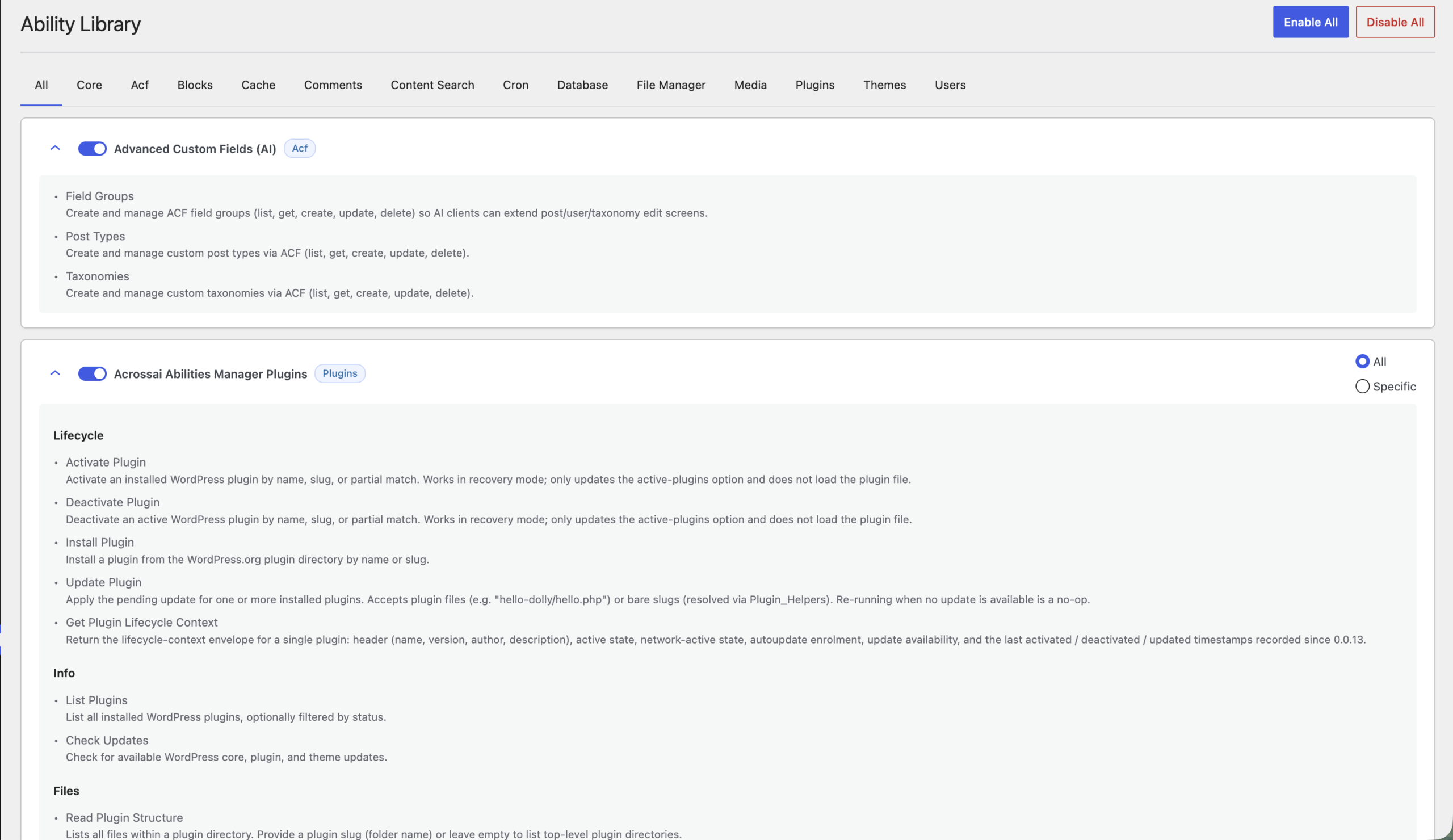 The AcrossAI Abilities Manager plugin showing its catalogue of ready-made abilities
