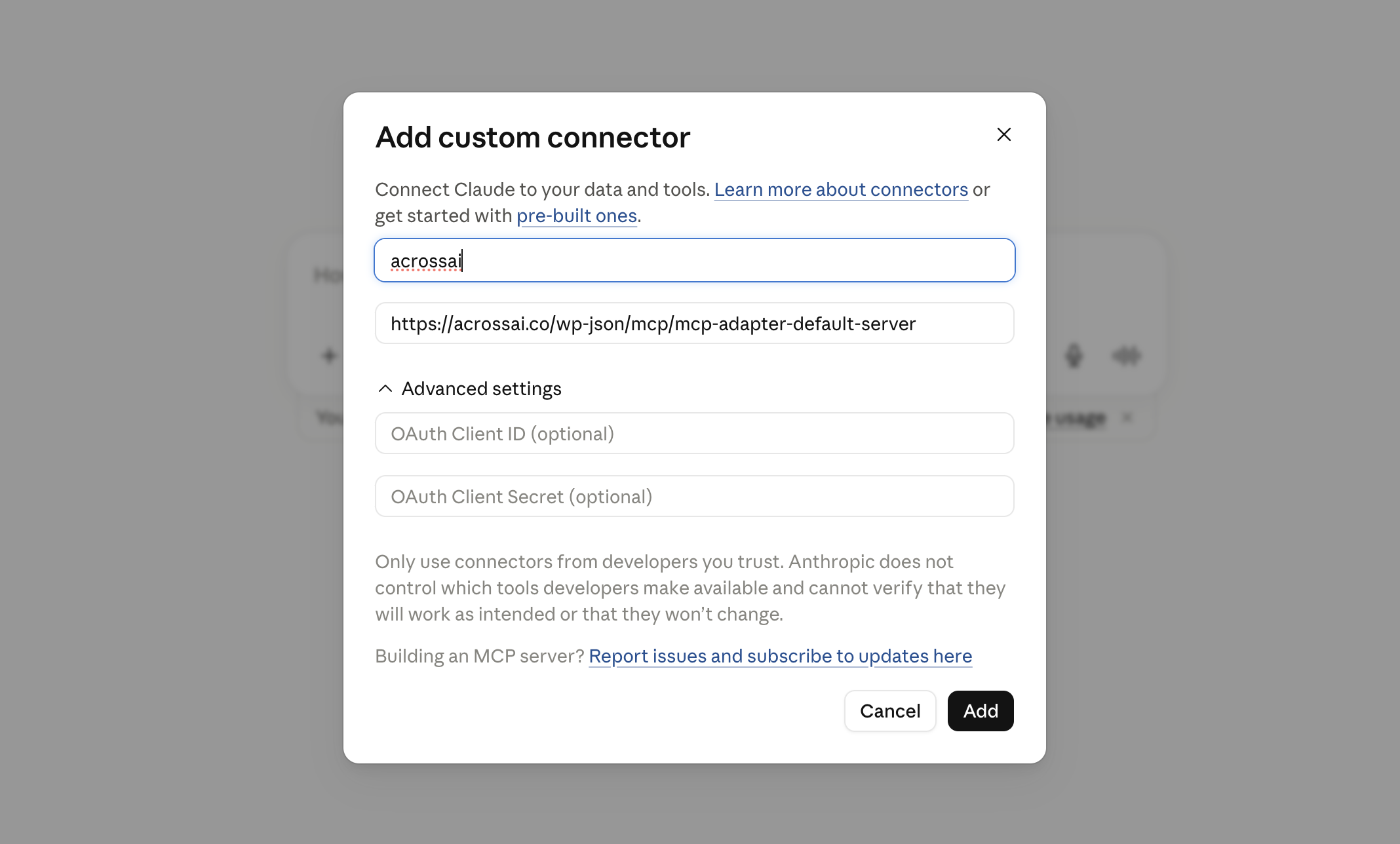 Copying the connector URL from the AI Connectors tab
