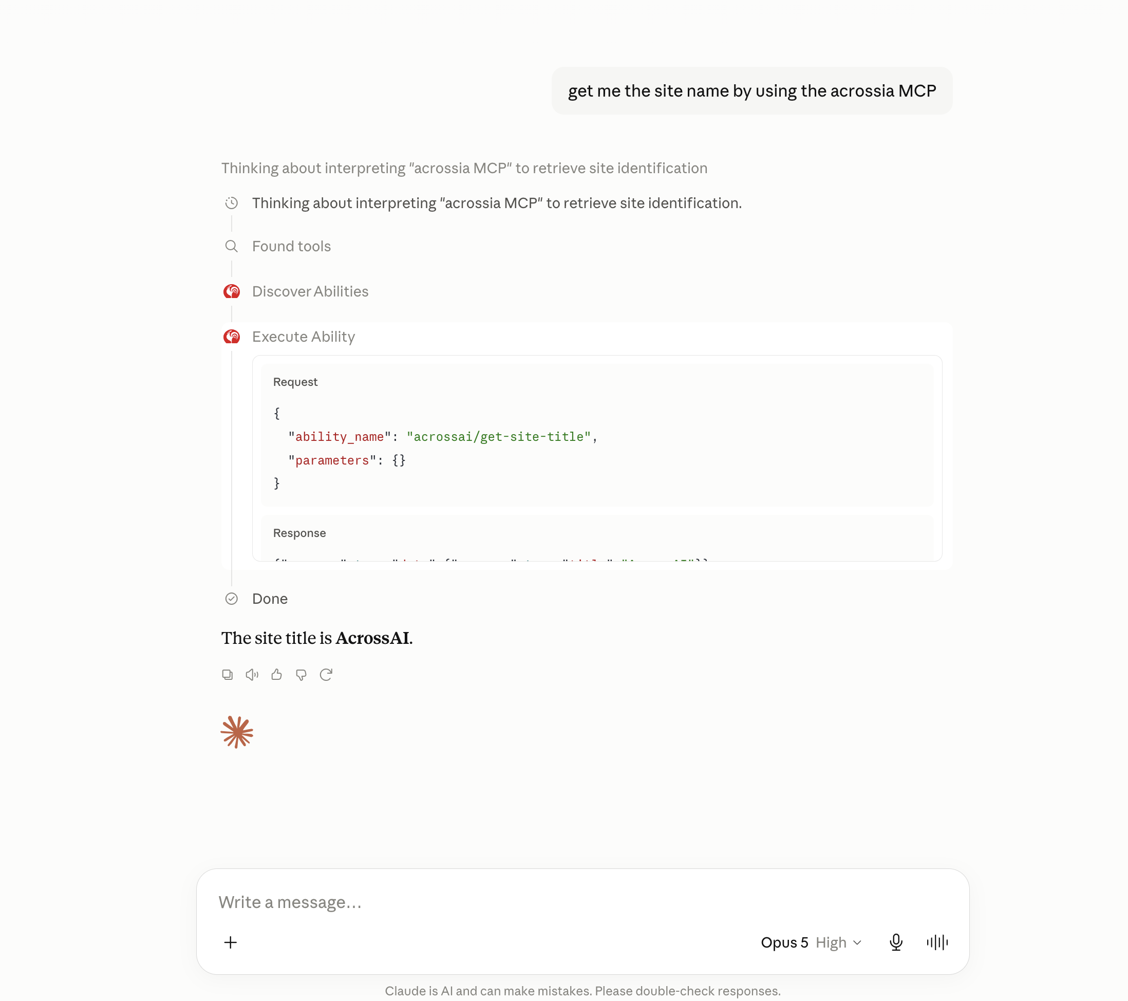 Connected — the server's tools appearing in the conversation