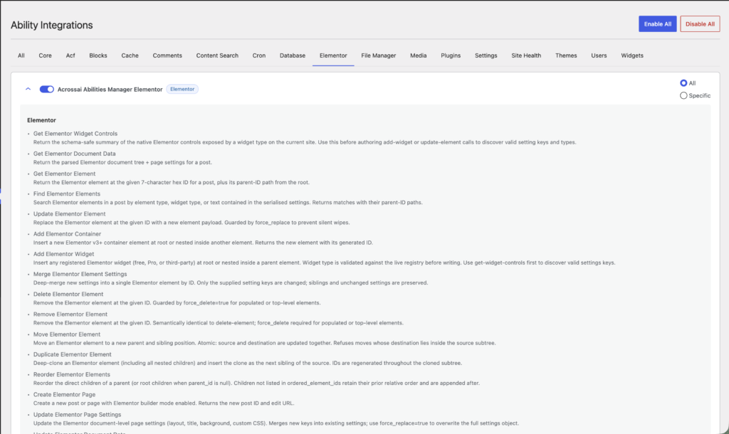 A Claude conversation building and editing an Elementor page on a WordPress site through the AcrossAI MCP connection