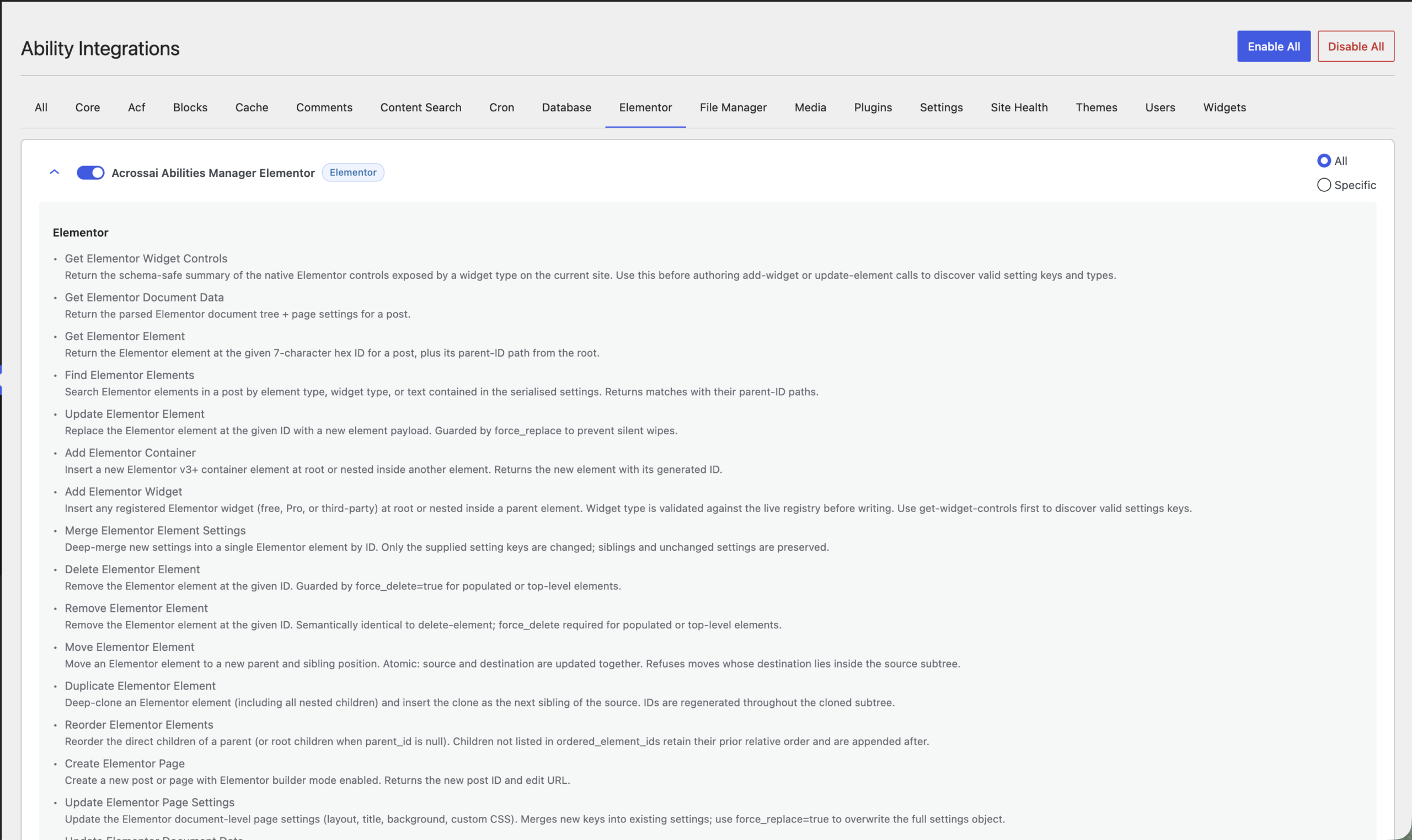 A Claude conversation building and editing an Elementor page on a WordPress site through the AcrossAI MCP connection