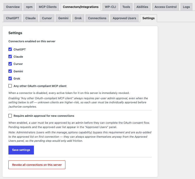 Access control settings for the Cursor connector with per-server enable, admin approval, and revoke-all controls