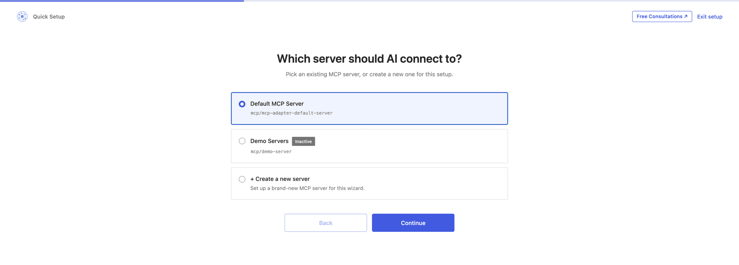 Choosing which MCP server the AI client should connect to in the AcrossAI Quick Setup wizard