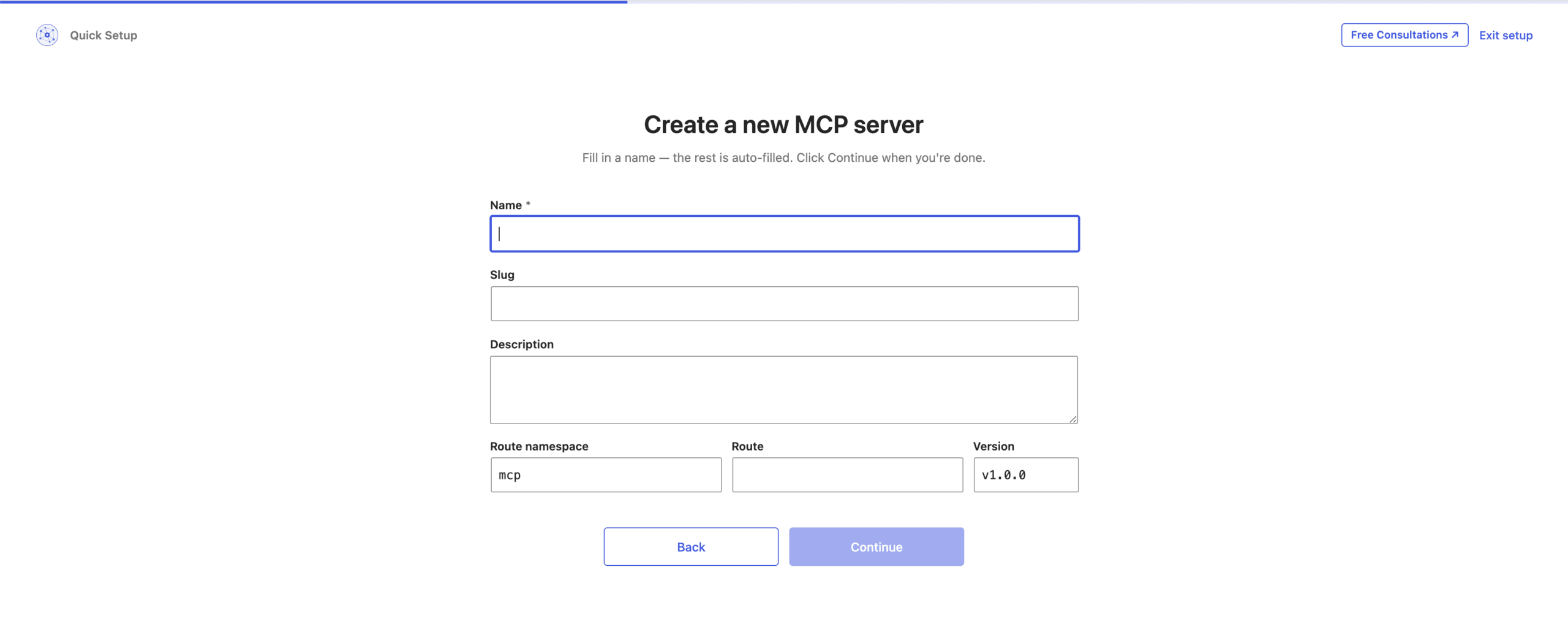 The new MCP server form with name, slug, route namespace and version fields