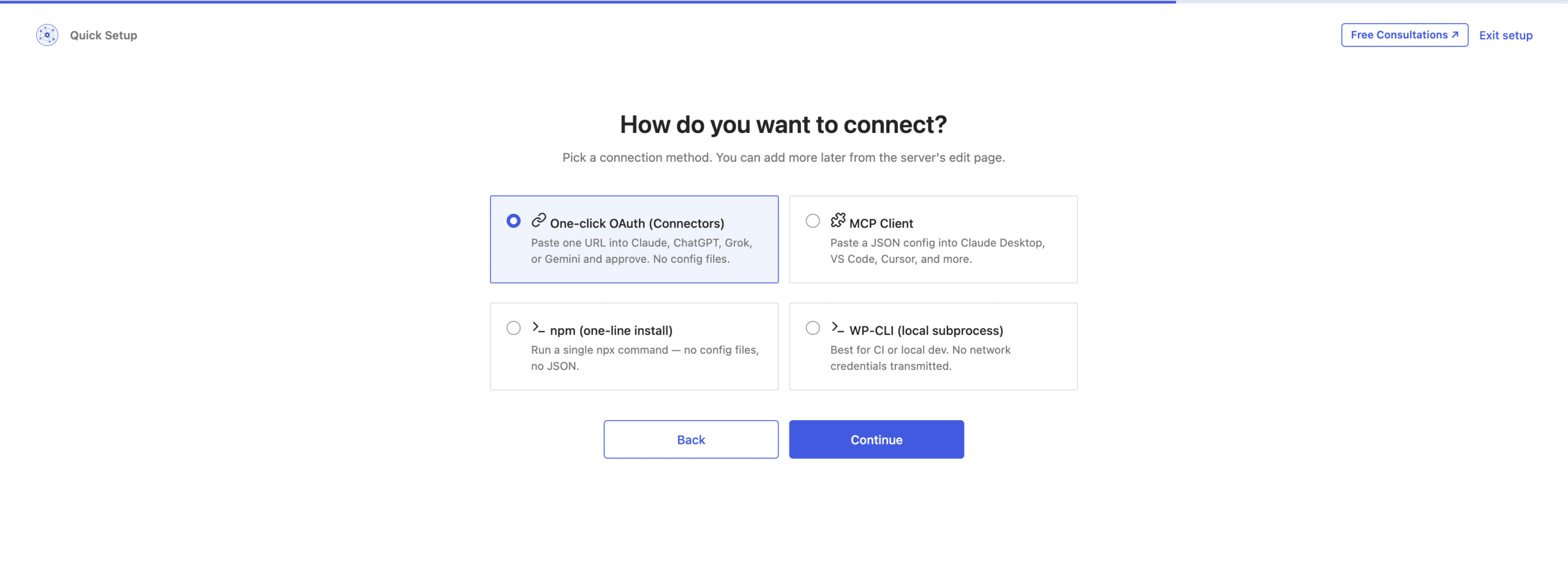 Choosing between OAuth connectors, MCP client config, npm and WP-CLI connection methods